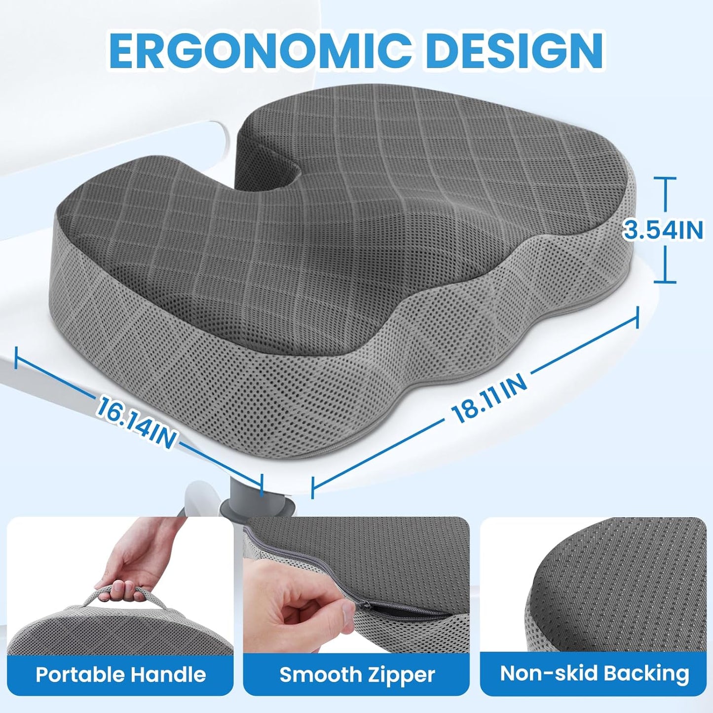 TushGuard Office/Car Seat Cushion, Non-Slip Sciatica & Back Coccyx Tailbone Pain Relief Chair Pad, Memory Foam Butt Pillow for Computer Desk, Wheelchair, Driving (Black&Grey, X-Large)