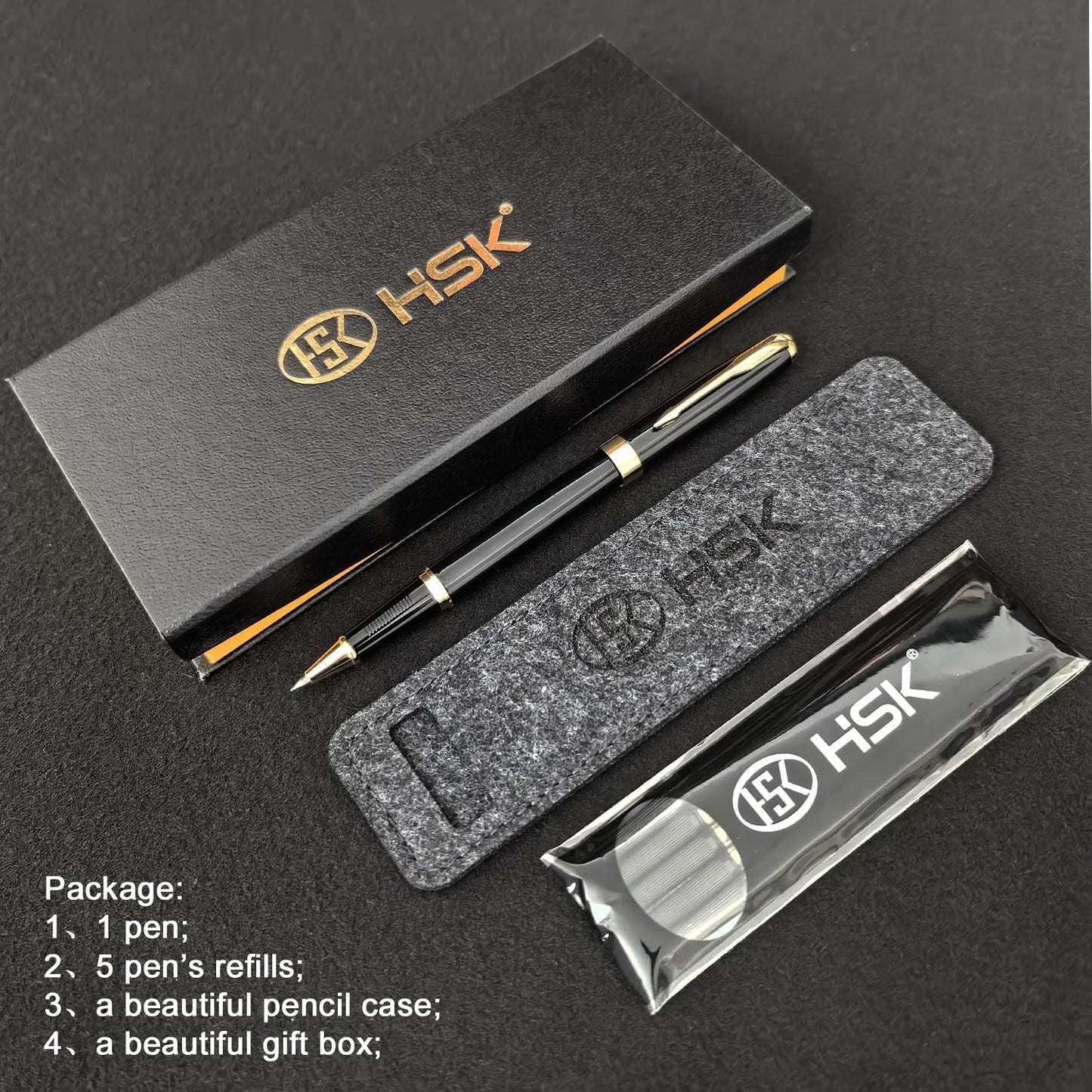 HSK Ballpoint Pens Executive Fountain Pen with Gold Trim, Gift Box Set, Available in Black, Red, Navy Blue,Black Refill Line width 0.5mm (Black)