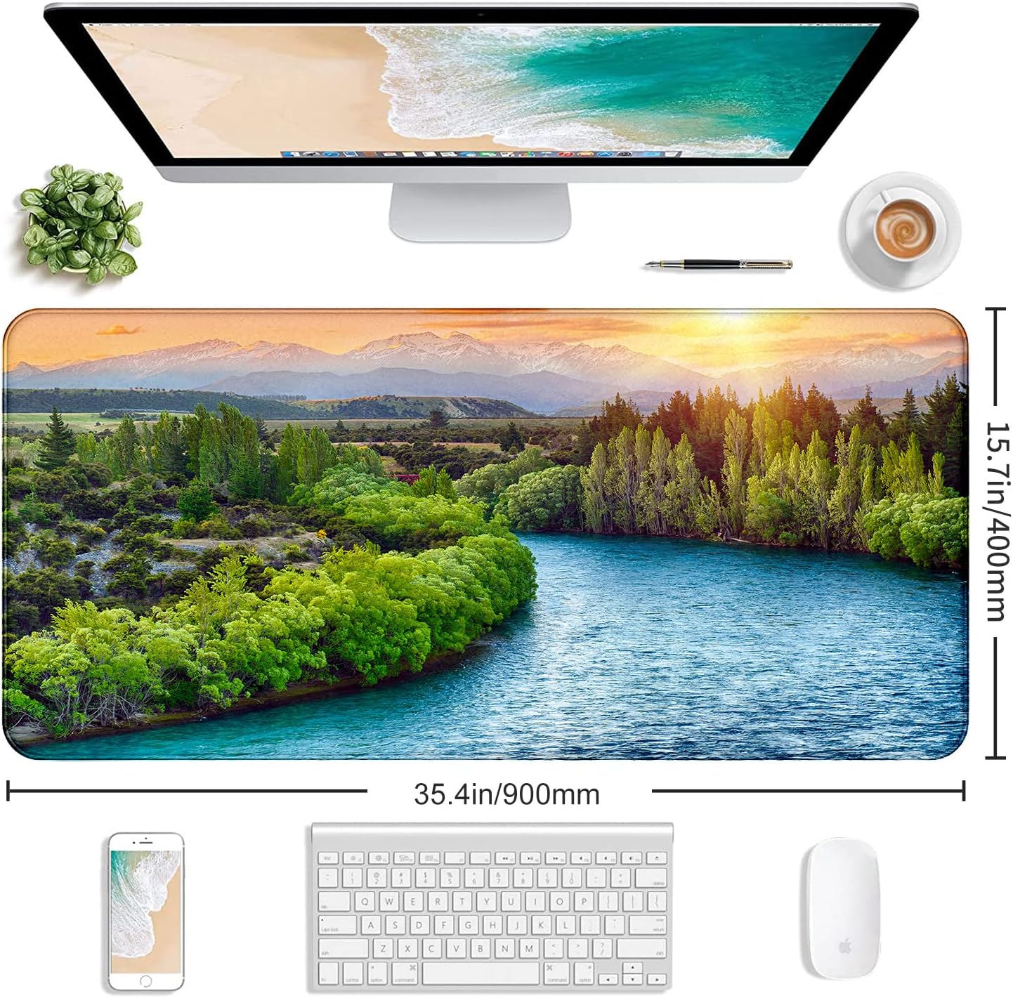 Large Extended Gaming Mouse Pad with Stitched Edges, Non-Slip Waterproof Rubber Base Mouse Pad for Office, Computer, Keyboard, Laptop and Home Desk Pad 35.4 x 15.7 x 0.12 Inch (Sunset Forest)
