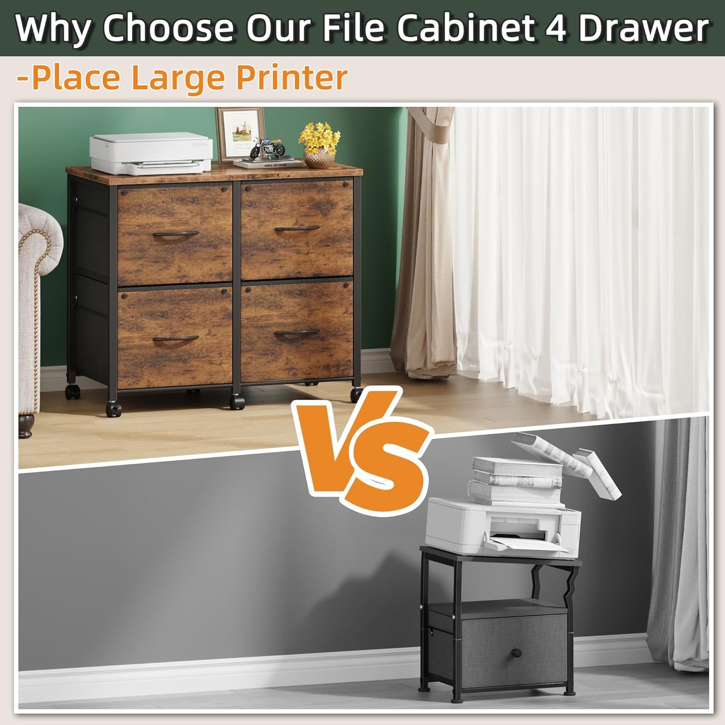Lateral File Cabinet 4 Fabric Drawer, Mobile Filing Cabinet for Large Printer, Home Office Functional Small Office Storage Cabinet & Printer Stand, Fits A4/Letter Size, 30.4''W, Rustic Brown