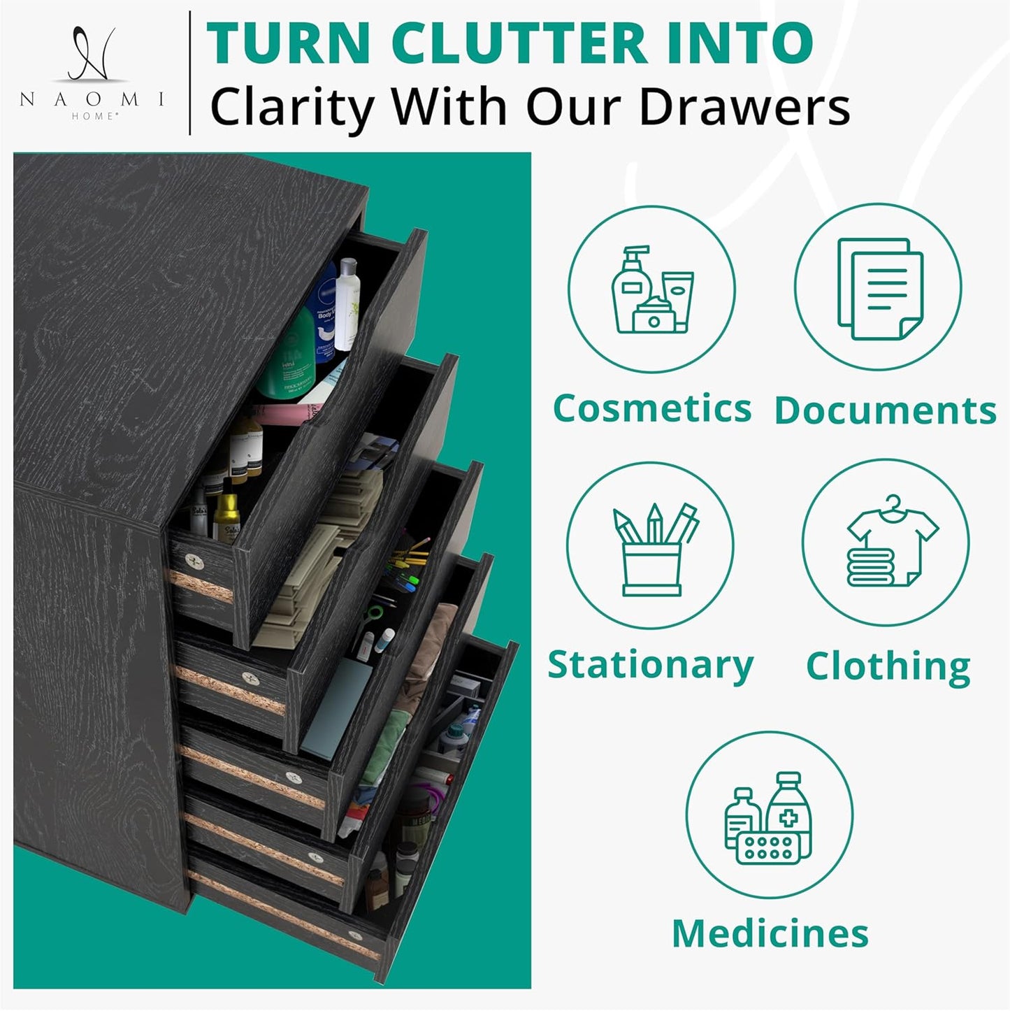 Naomi Home 5 Drawer Office Storage File Cabinet Under Desk Cabinets for Organization Filing with Wheels, Printer Stand Storage, 180 lbs Capacity, Distressed Black (11397AM)