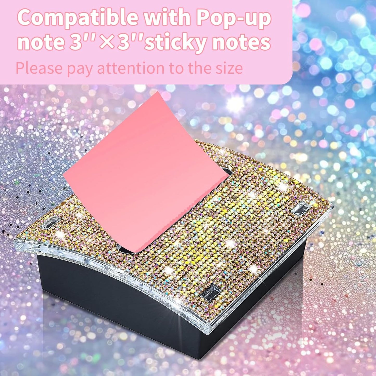 Rhinestone Self Sticky Note Holder Post it Note Dispenser Pop-Up Sticky Notes Dispenser 4 x 4 Inches Post it Dispenser for Desk (Rose Gold)