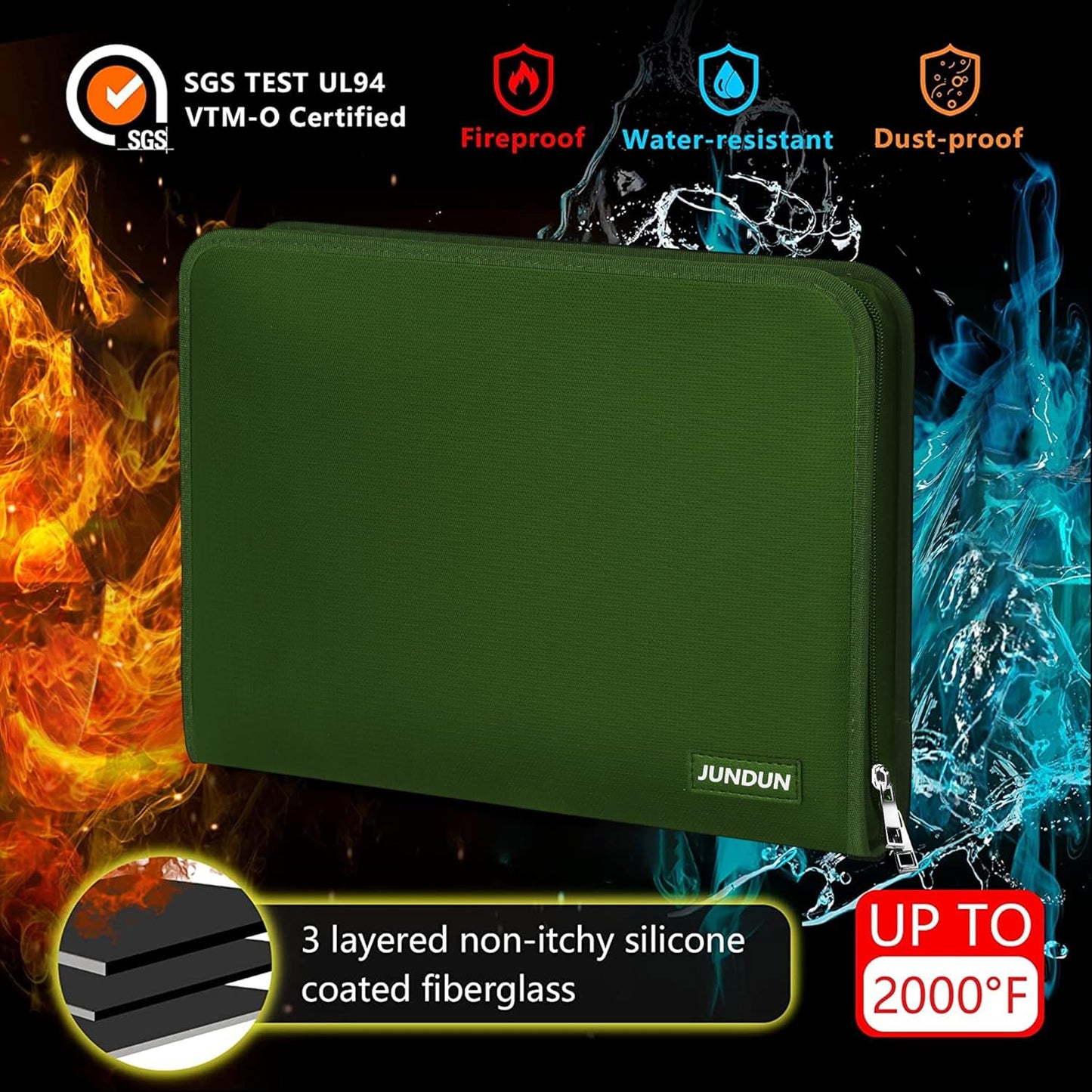 JUNDUN Accordion File Organizer - 12 Pocket Expanding File Folder with Zipper & Labels - Fireproof File Folder Organizer with Multi-Pockets,Document Organizer for Letter A4 Files and More (Green)