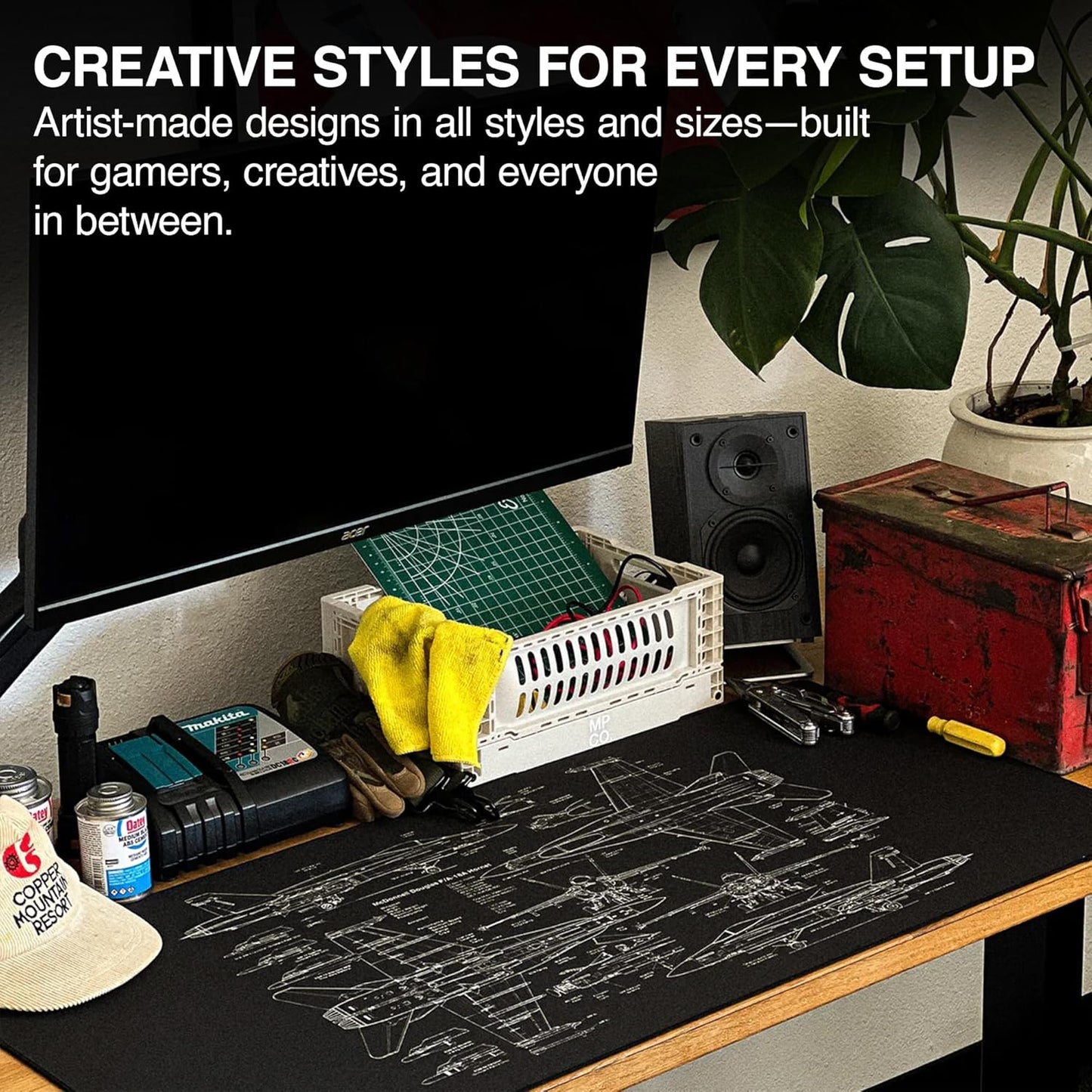 MPCO. Blueprints Large Gaming Desk Pad - 36" x 17" Aeroglyde Fabric 18A Hornets – Black Desk Mats - Non-Slip, Washable, Smooth Glide for Precision Gaming & Work