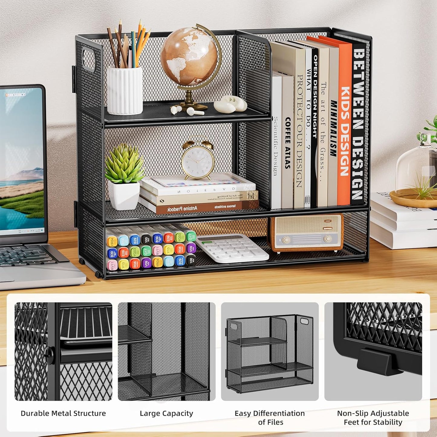 Marbrasse 2-Tier Desk Shelf Organizer with Handle, Desktop Bookshelf File Holder, Mesh Display Shelf Organizer Storage Rack for Office, Home, Supplies, Kitchen (Black)