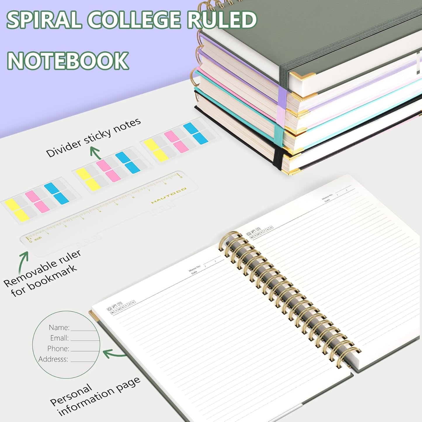 HAUTOCO Spiral Notebook College Ruled B5 Leather Bound Journal, 320 Pages, Hardcover Notebooks with tabs, 100 GSM Paper, 7x 9.7" Lined Journaling Notebooks for Work Office School Business, Olive Green