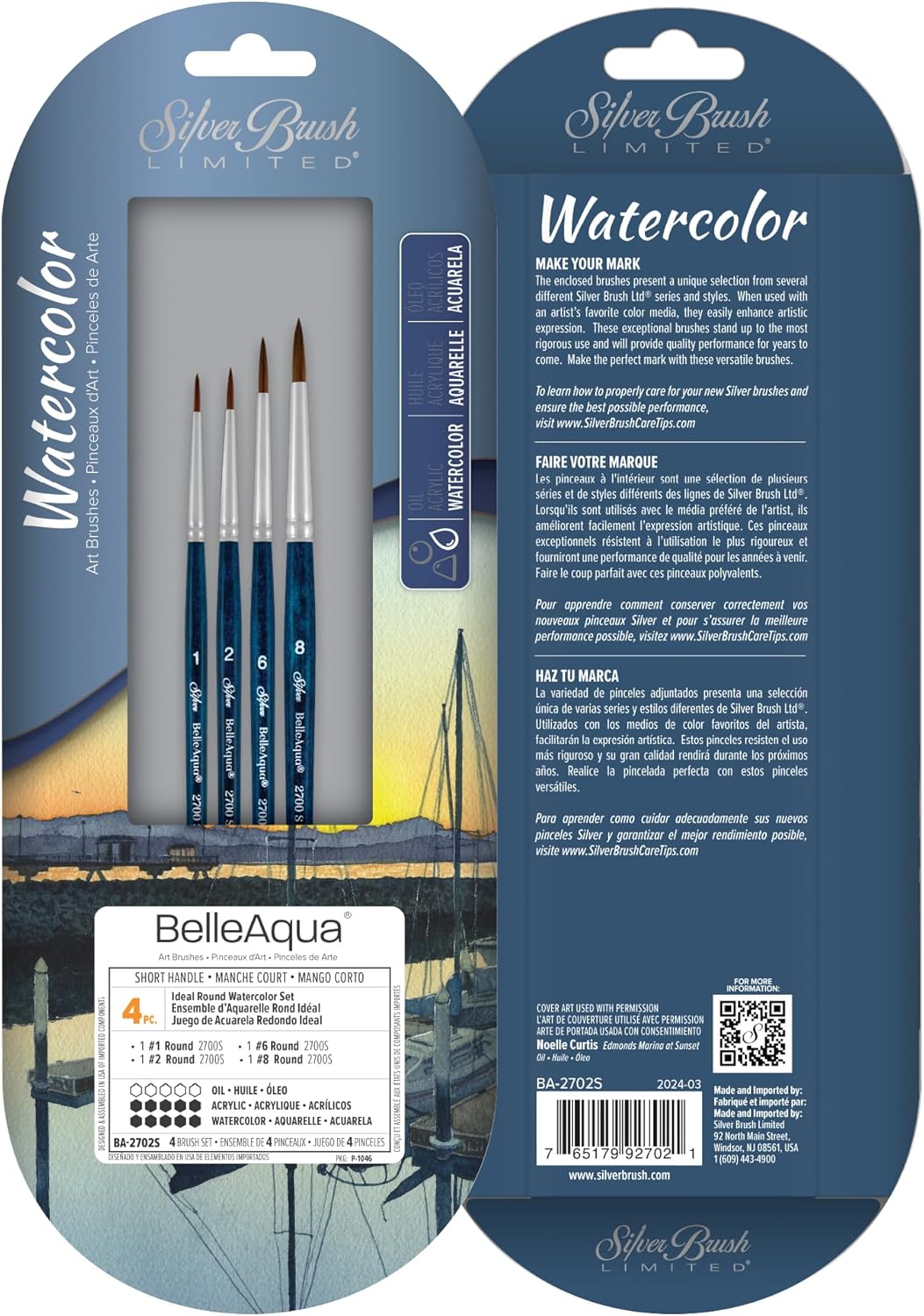 Silver Brush Limited BA-2702S BelleAqua Ideal Watercolor Brush Set, 4pc Professional Premium Soft Synthetic Sable Round Paint Brushes, Sizes 1, 2, 6, and 8