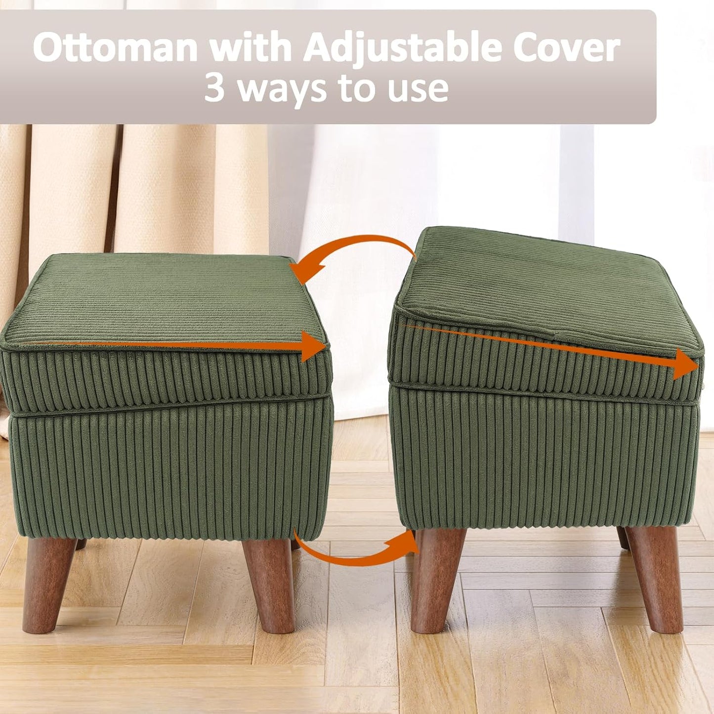 Storage Ottoman with Adjustable Lid, Soft Step Stool, Footrest and Seat, Ottoman Foot Rest for Living Room, Bedroom, Dorm, Green