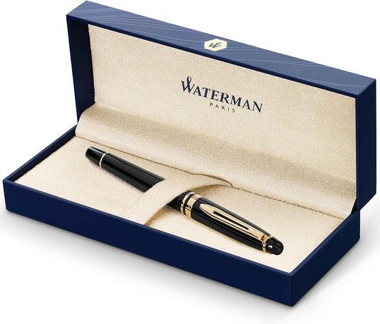Waterman Expert Fountain Pen, Gloss Black with 23k Gold Trim, Medium Nib, Luxury Pen in Gift Box, Fountain Pen for Writing