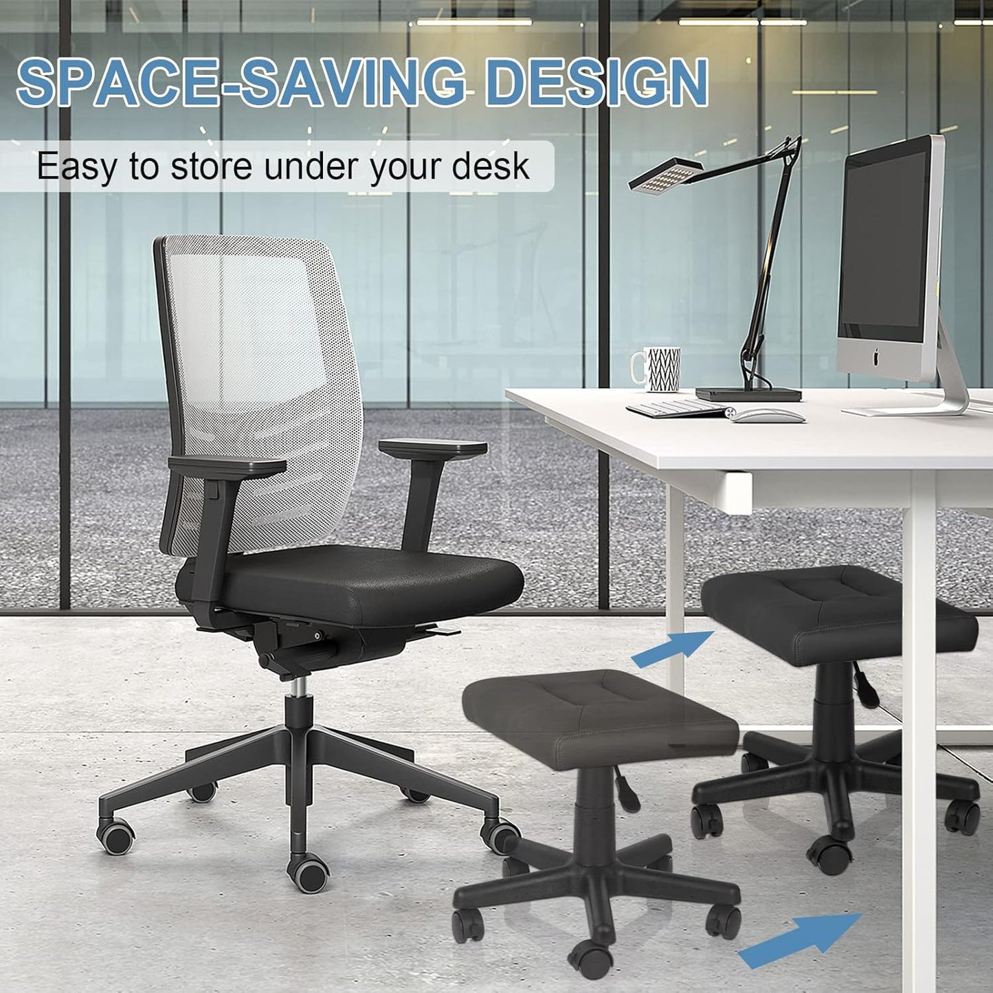 Footrest Stool Under Desk Adjustable Height Footrest Ottoman Ergonomic Foot Stool with Wheels 360° Rolling for Home Office (Black-1)