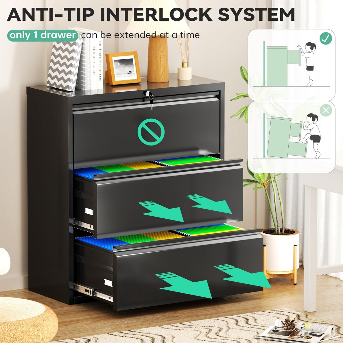 Superday Black Filing Cabinet 3 Drawer File Cabinet 20" Deep, Locking Metal File Drawer Cabinets, Rolling Filing Cabinets with Lock for Office Letter/A4/Legal (Black)