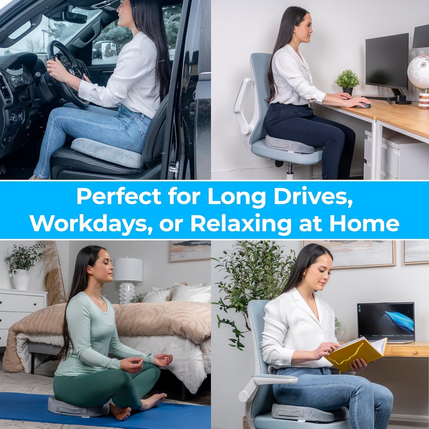 LuminaRest® Gel Enhanced Seat Cushion for Long Sitting – CertiPUR-US® Certified Memory Foam – Premium Gel Tailbone Pain Relief Cushion, Adaptable for Office, Car, Airplane & Wheelchair – (Gray)