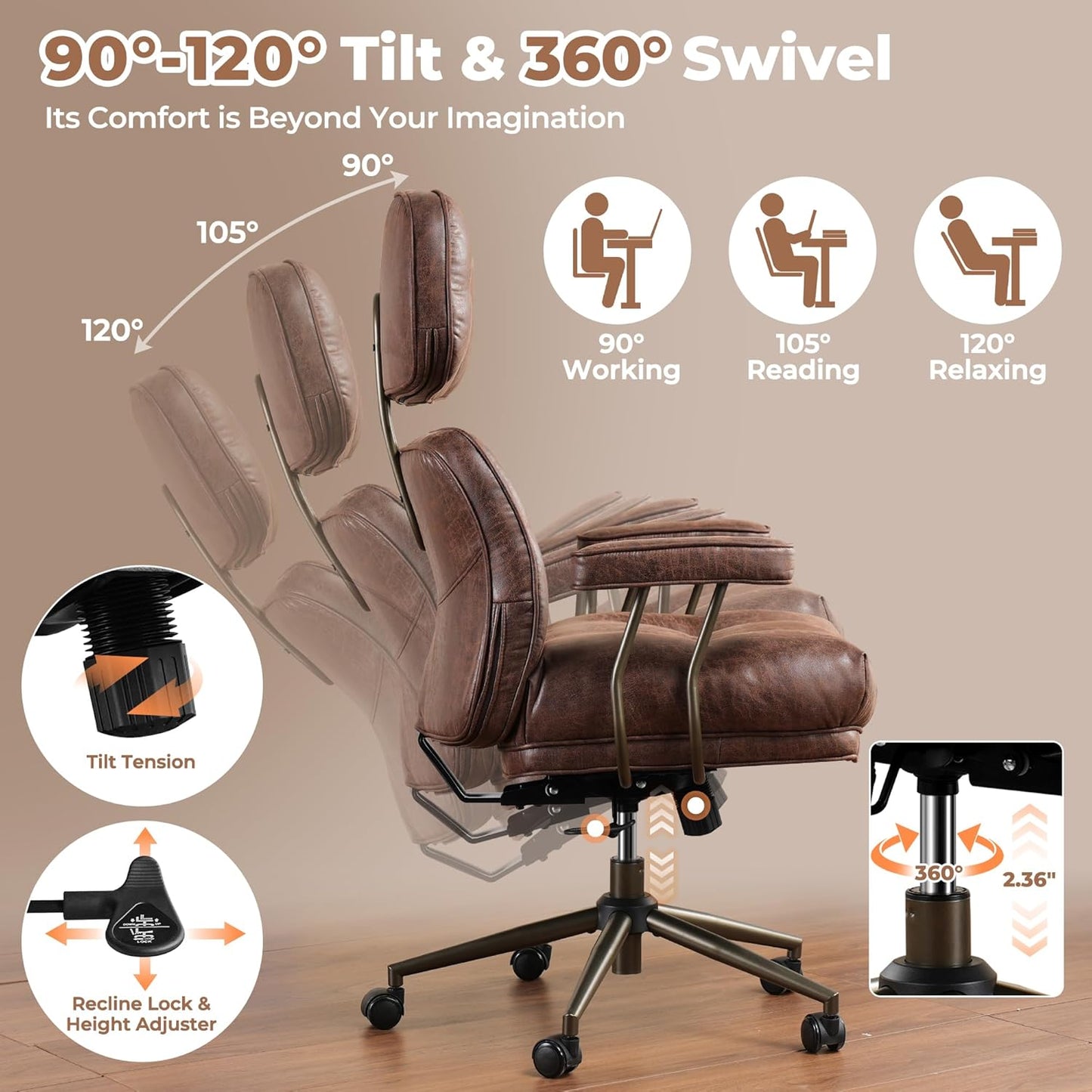 ovios Ergonomic Home Office Chair, Mid-Century Modern Faux Leather Chairs with Thickened Cushions, Comfy High Back Swivel Rolling Executive Computer Armchair (Dark Brown, Suede Leather)
