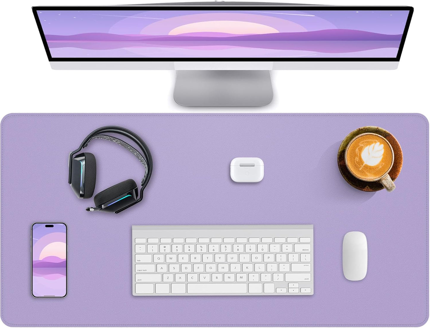 Desk Pad Mat 23.6"x13.7" - Waterproof Mouse Pad & Desk Protector, Non-Slip PU Leather for Gaming Keyboard/Mouse, Stitched Edge XL Office Desk Pad with Ergonomic Support(Light Purple)