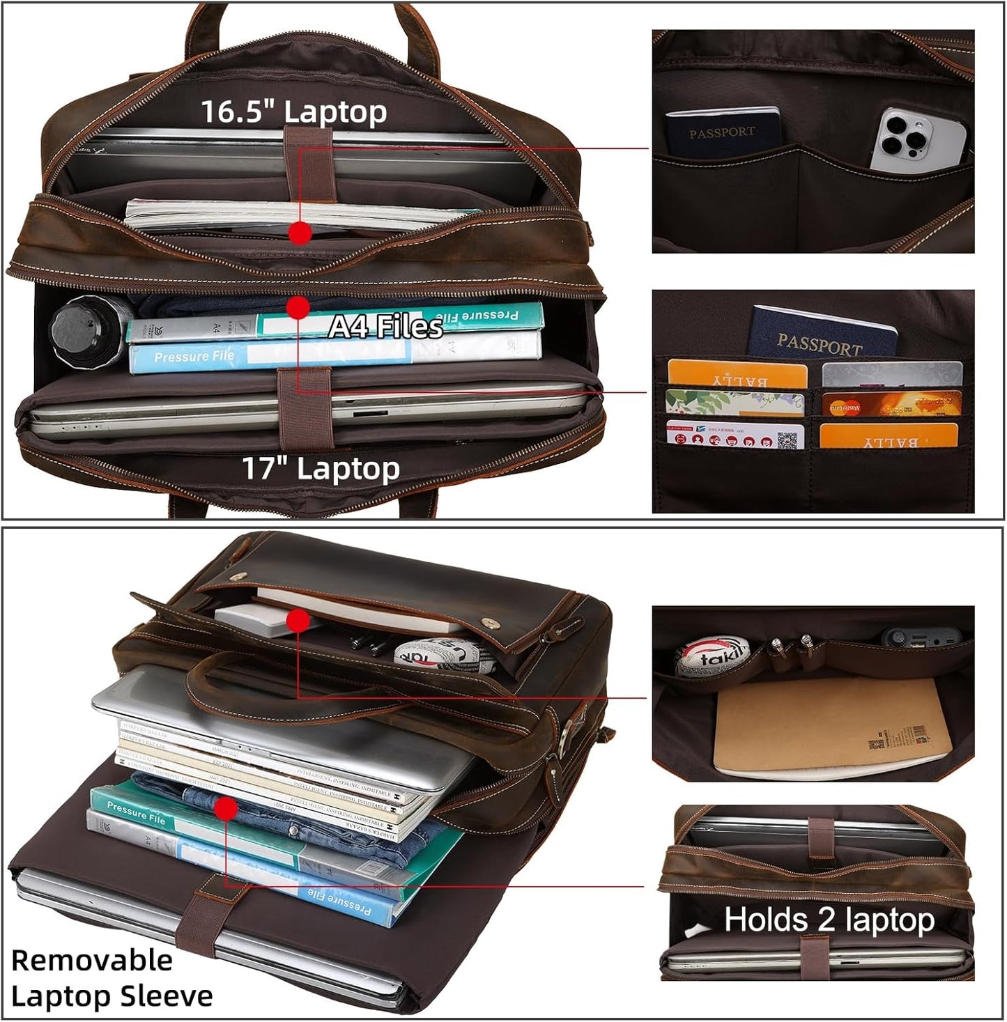 Masa Kawa Leather Briefcase for Men 15.6" - 17" Laptop Computer Case Business Travel Work Messenger Cross Body Shoulder Bag