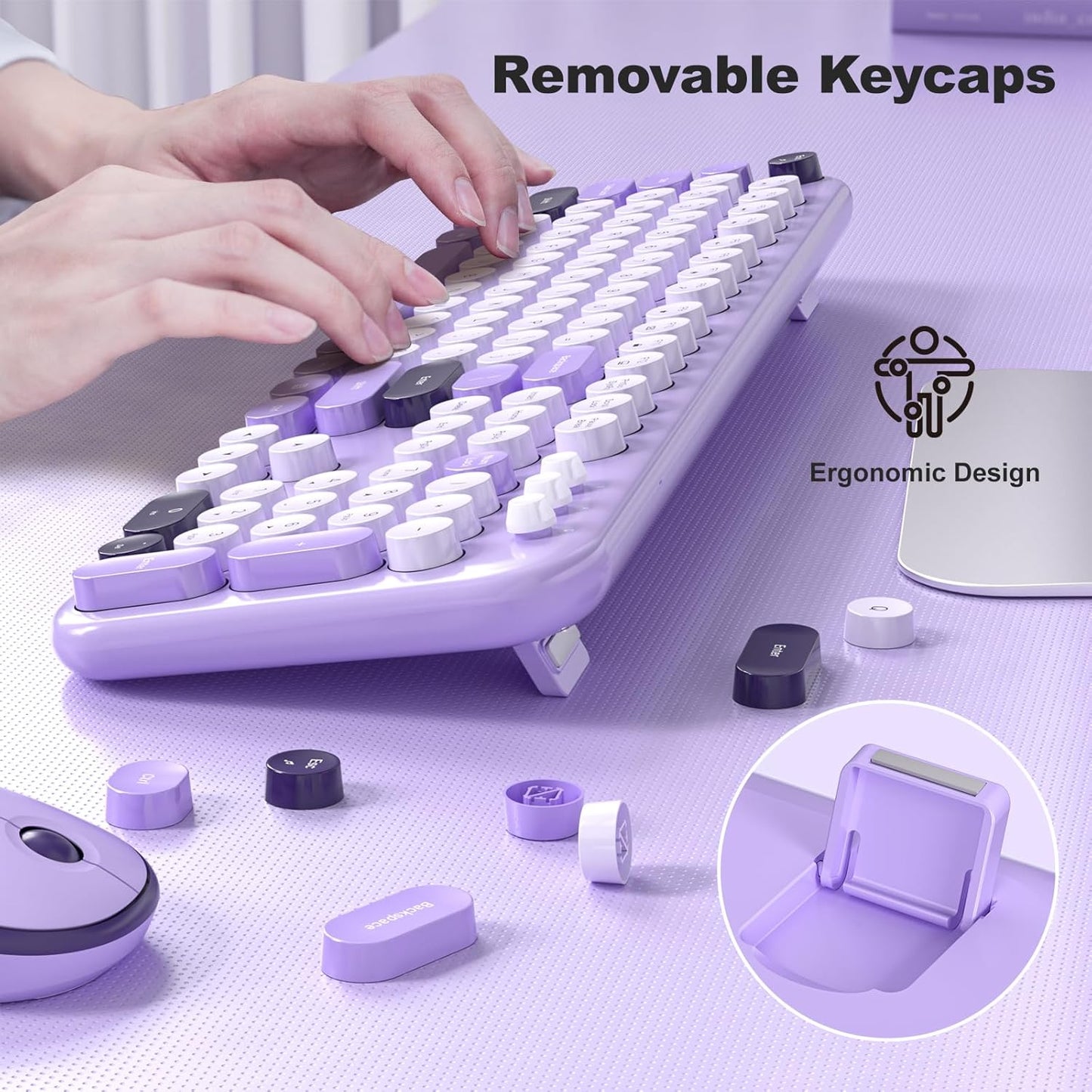 Wireless Keyboard and Mouse Combo, MOWUX Full Size Typewriter Retro Round Computer Keyboard, Cute Optical Mouse Wireless, Plug and Play, for Laptop, PC, Computer- Violet Field