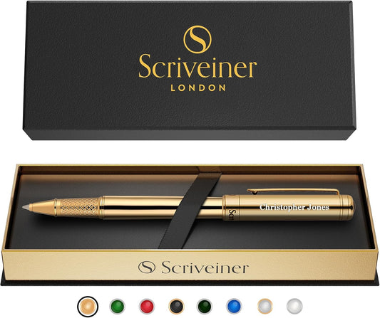 Scriveiner Personalized Gold Rollerball Pen - Stunning Luxury Pen, Real Gold Plating, Schmidt Ink Refill, Best Engraved Roller Ball Gift Set for Men & Women, Custom Name Engraving