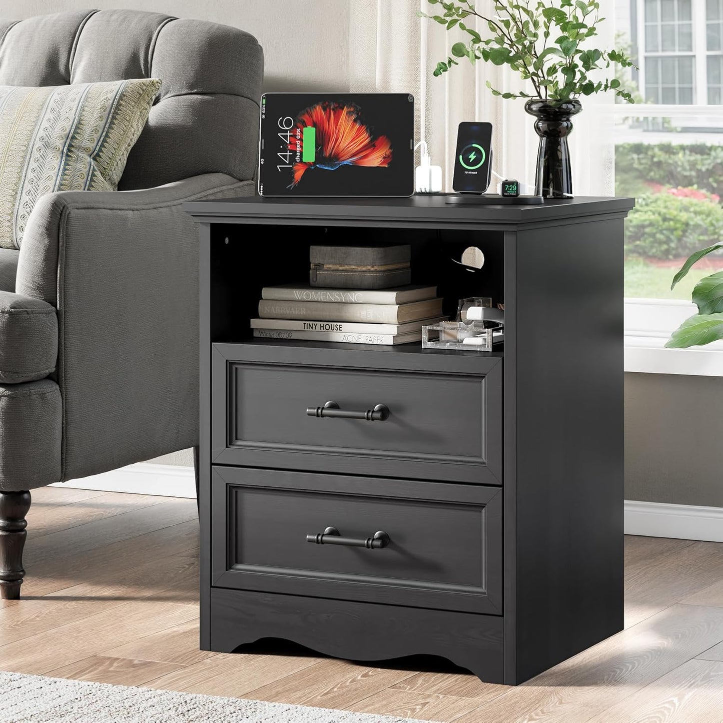Black Nightstand with Charging Station, Farmhouse End Table with 2 Drawers, Bedside Table with Space-Saving Storage Cabinet, Unique Base Design for Bedroom & Living Room