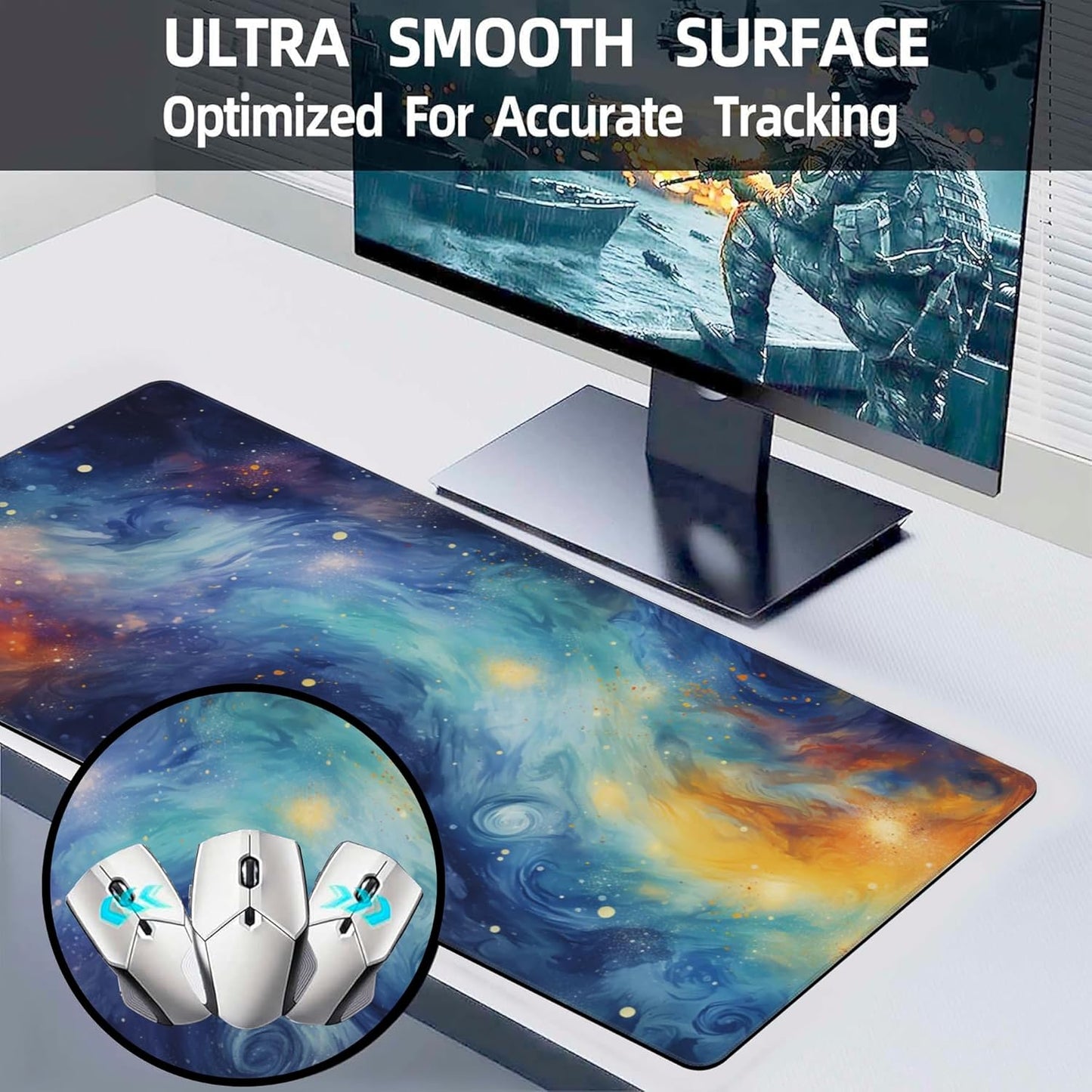 Extended Large Gaming Mouse Pad, Stars Nebulas and Cosmic Swirls Large Desk Mat for Desktop, Non-Slip Rubber Base Stitched Edges Long Computer Keyboard Desk Pad Mouse Mat for Home Office 35.4"X15.7"