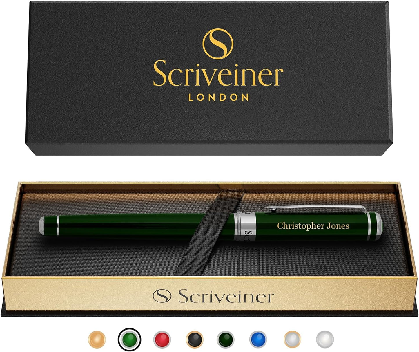Scriveiner Personalized British Racing Green Pen - Stunning Green Lacquer Luxury Pen with Chrome Finish, Schmidt Ink Refill, Best Engraved Roller Ball Gift Set for Men & Women, Custom Name Engraving