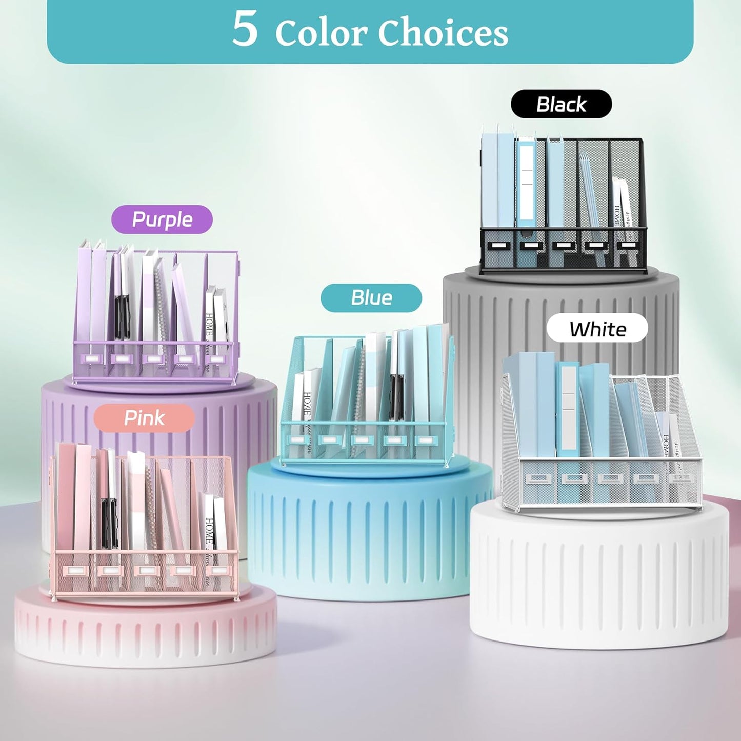 SUPEASY Desk Organizers Metal Desk Magazine File Holder with 5 Vertical Compartments Rack File Organizer for Office Desktop, Home Workspace, Blue