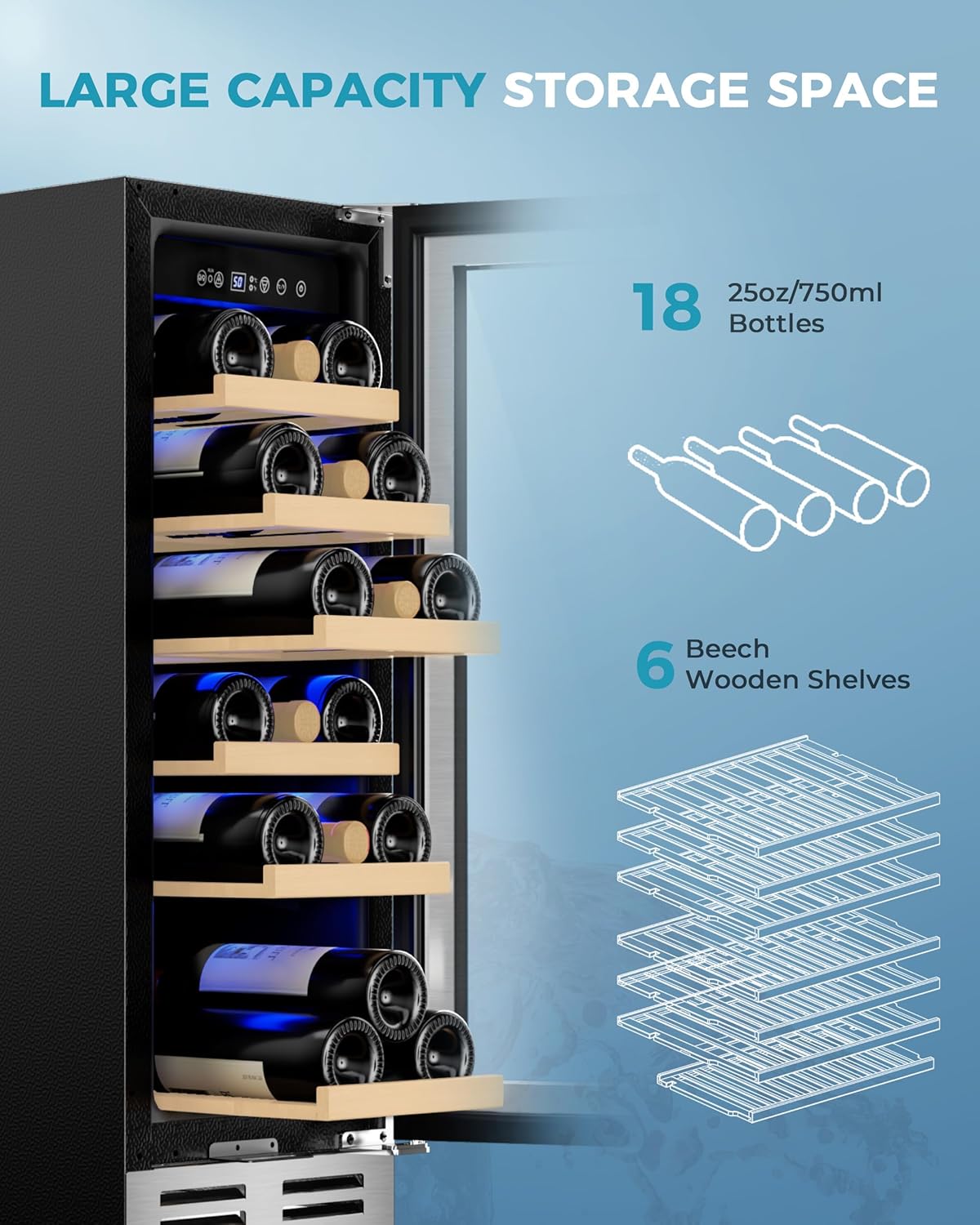 EUHOMY 12 Inch Wine Cooler Refrigerator, Wine Fridge 18 Bottles, Built-in or Freestanding with Double-Layer Tempered Glass Door, Mini Fridge with Quiet and Temperature Memory Function