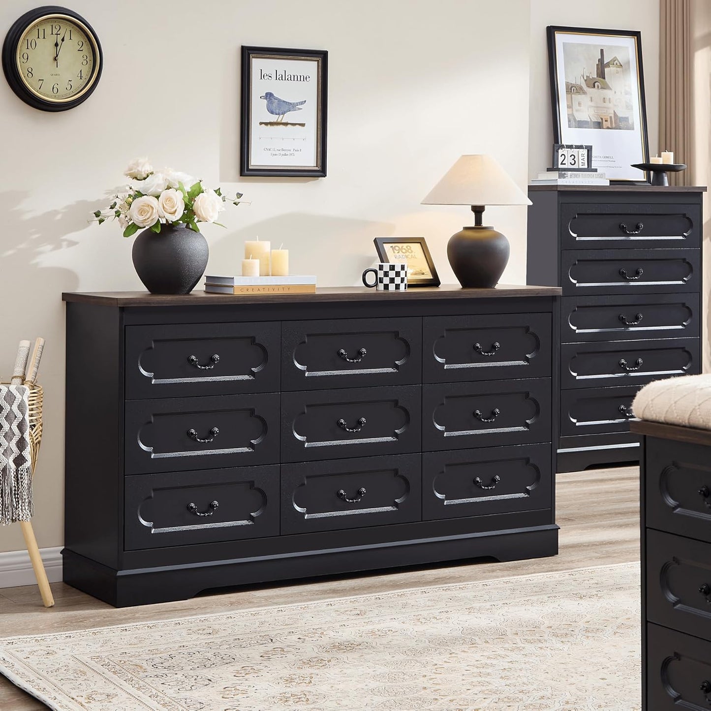 LIDYUK 9 Drawer Dresser for Bedroom Farmhouse Black Tall Wood Chest of Drawers for Bedroom Dresser, Modern Rustic 59" Wide Drawers Dressers Wooden Closet and Storage Cabinet, Hallway, Living Room