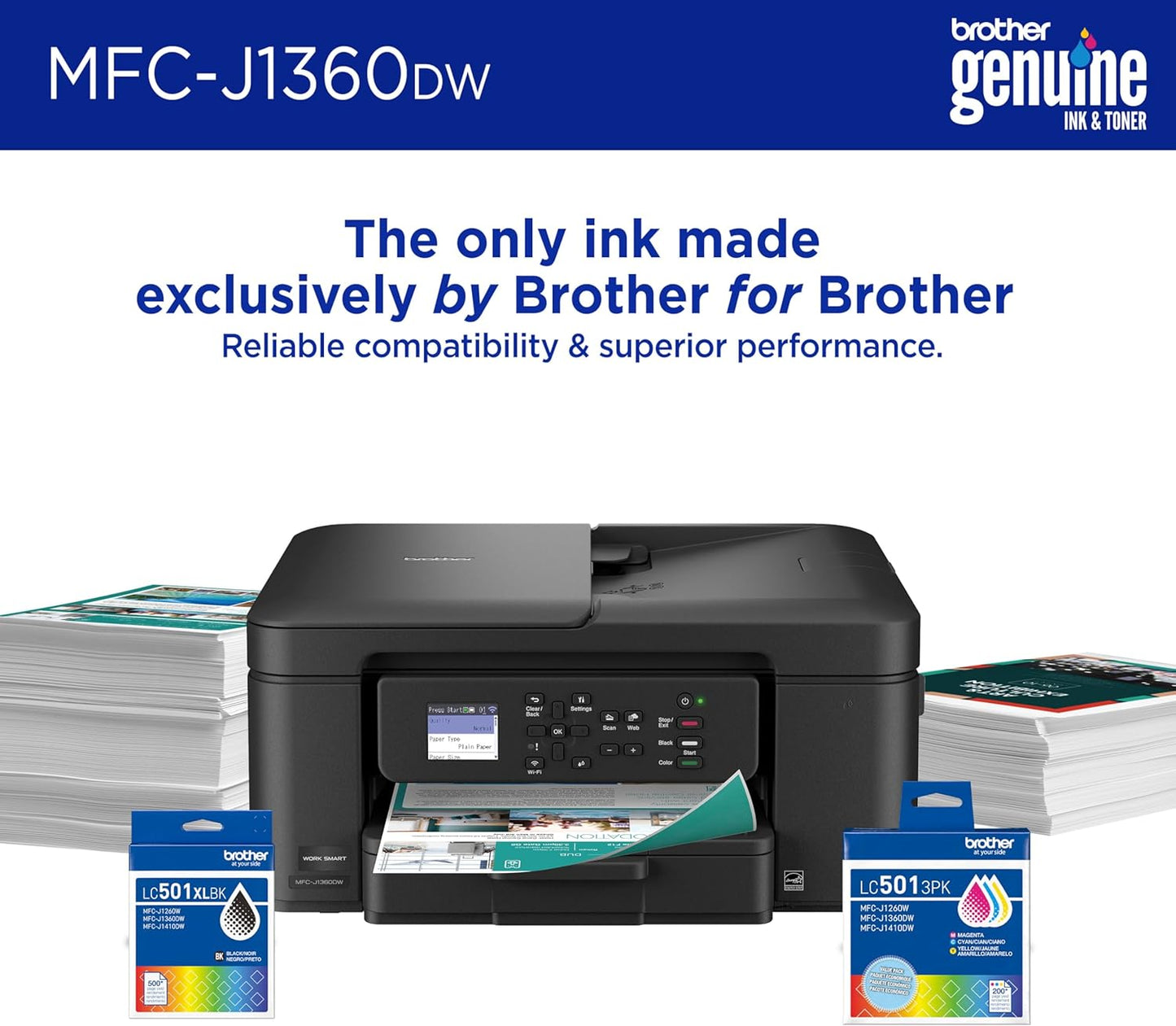 Brother Work Smart 1360 Wireless Color Inkjet All-in-One Printer with Automatic Duplex Printing and 1.8” Color Display | Includes Refresh Subscription Trial(1) (MFC-J1360DW) (Uses LC501 Series Inks)