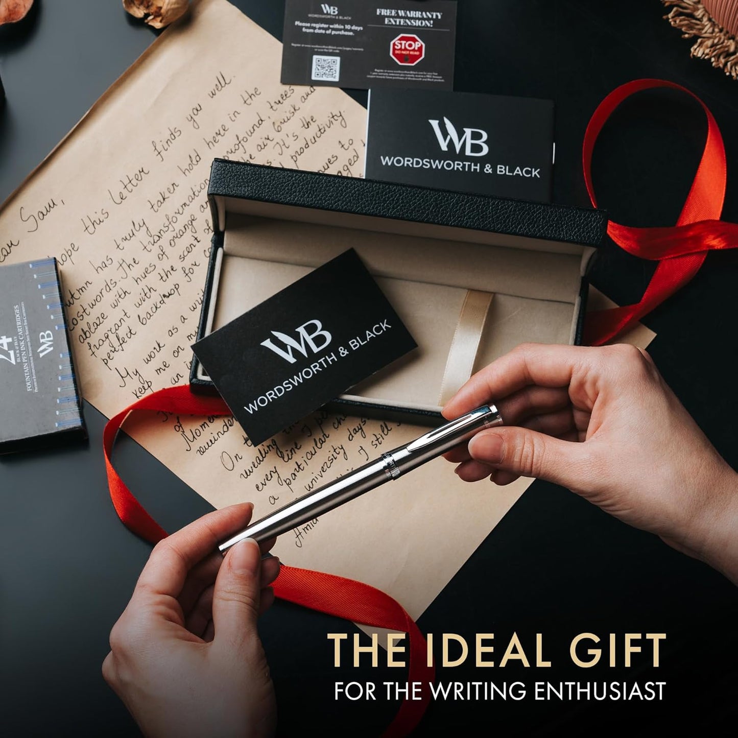 Wordsworth & Black Fountain Pen Set, 18K Gilded Extra Fine Nib, Includes 6 Pack Ink Cartridges, Ink Refill Converter & Gift Box, Chrome Finish, Calligraphy, [Silver Chrome], Perfect for Men & Women