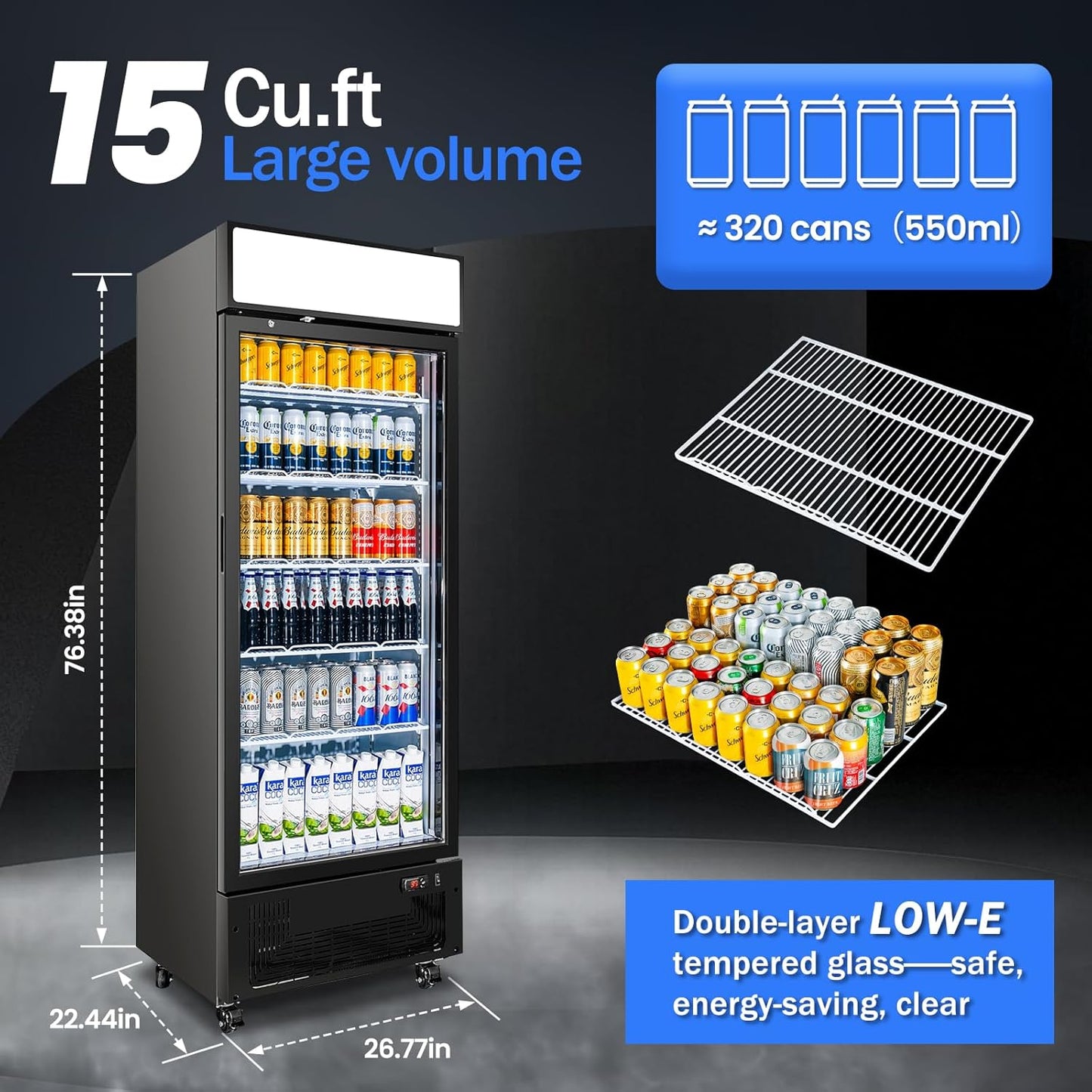 Commercial Beverage Refrigerator 15 Cu.ft. with Glass Door Display Merchandiser Fridge ETL Drink Cooler for Bars,Restaurants, Convenience Stores, Supermarkets and Offices