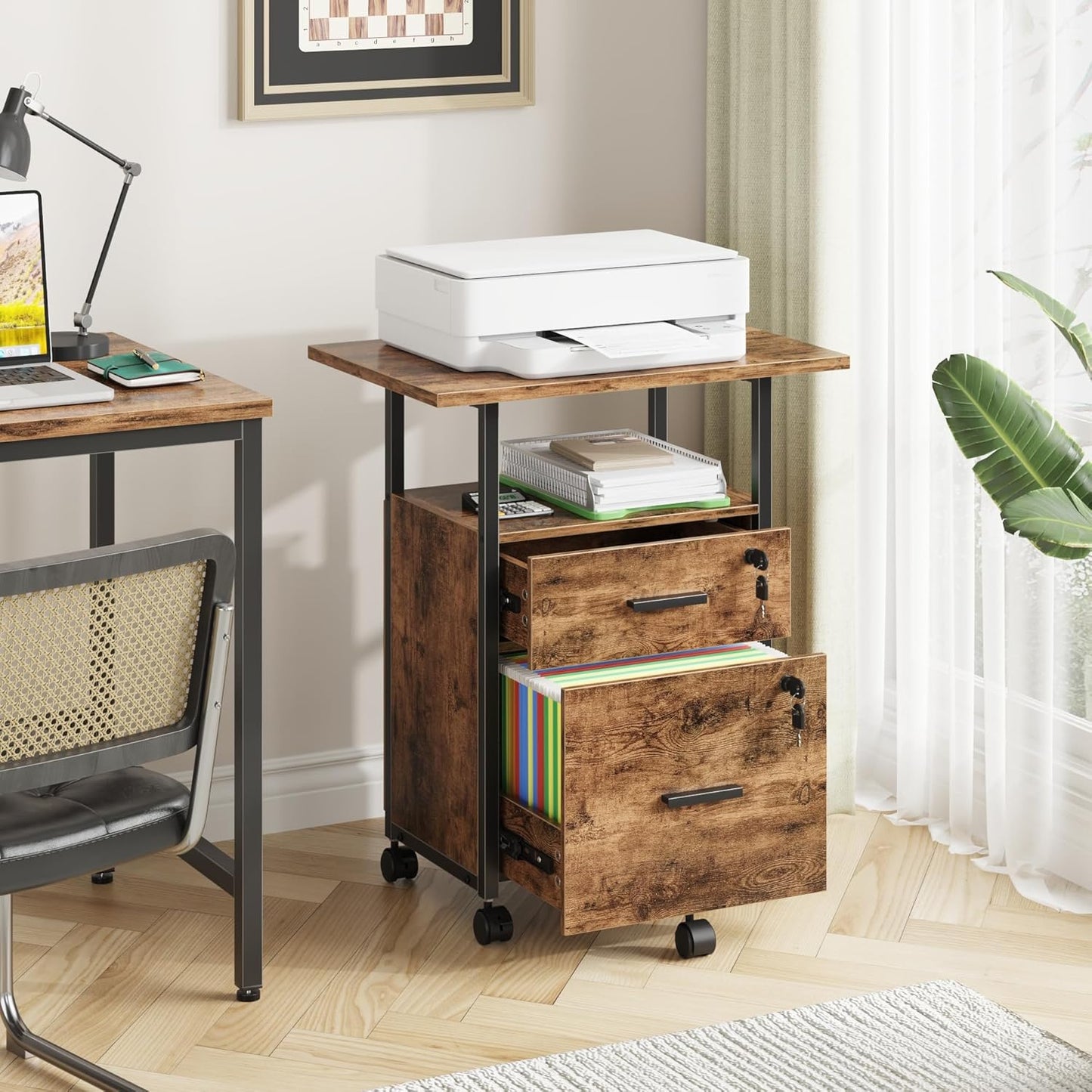 2 Wood Drawer Lockable File Cabinet with 22'' Extended Desktop, Mobile Filing Cabinet with Side Bag, Rolling Printer Stand, Fits A4&Letter Size, Home Office, Rustic Brown