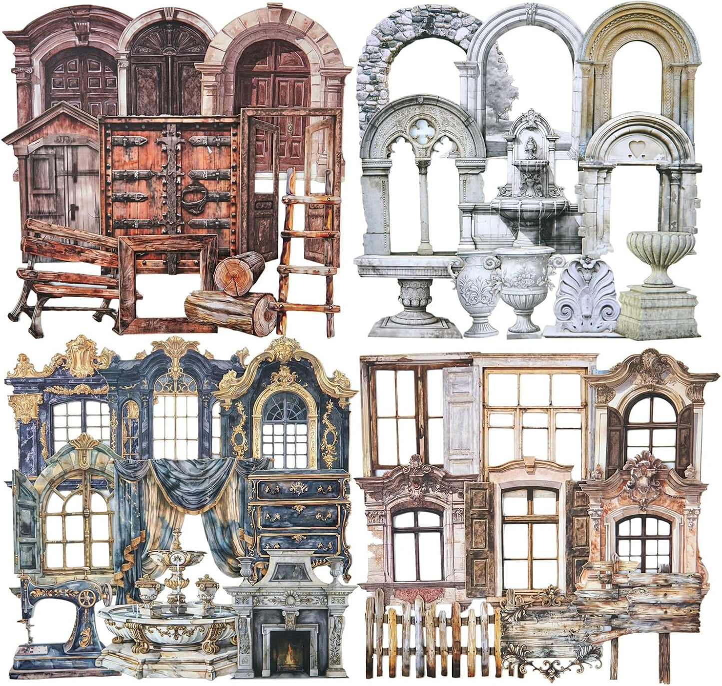 Retro Door and Window Cardstock Stickers, 80PCS Vintage Manor Ephemera for Scrapbooking, Journaling, DIY Crafts, and Planner Supplies