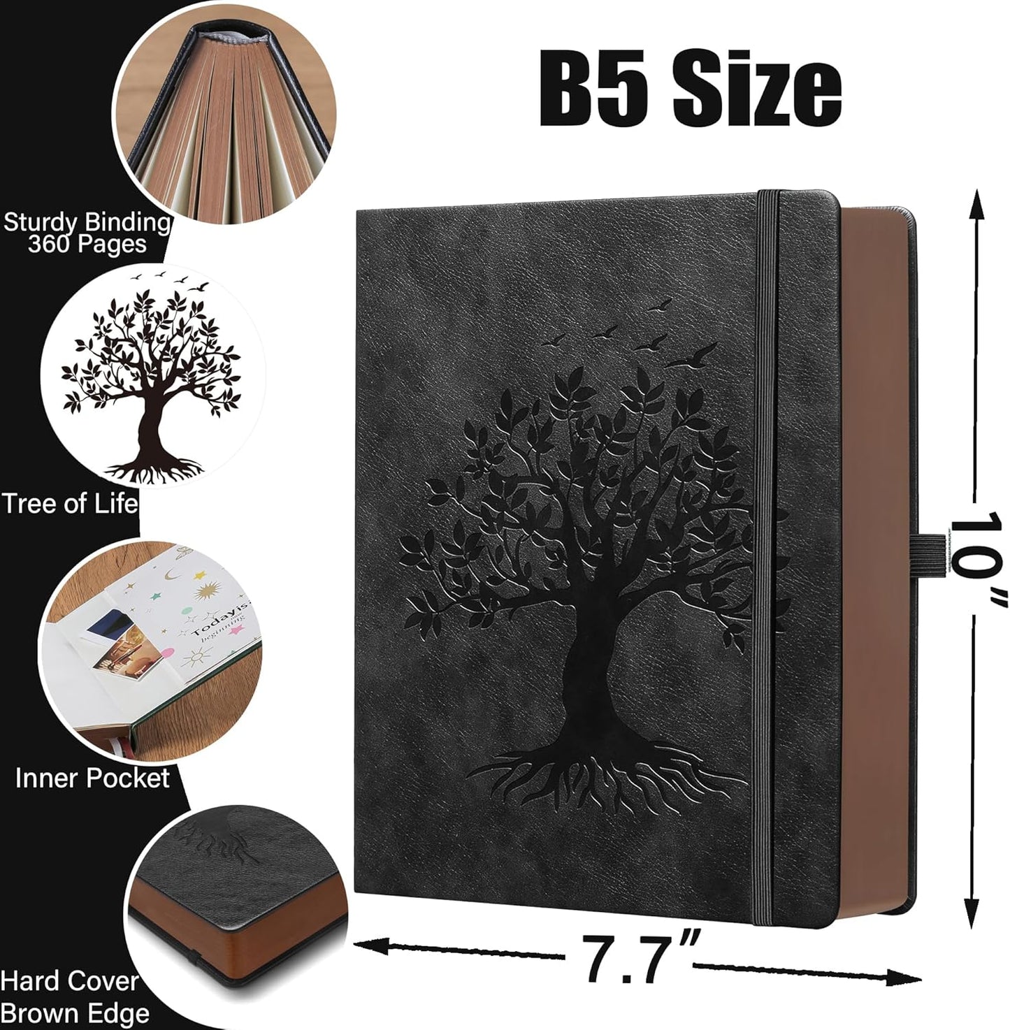 ZXHQ Thick Lined Journal Notebook with Pen, 360 Pages 100gsm Paper, Brown Sprayed Edge, Journal for Writing B5 Ruled Notebook,Leather Hardcover,Perfect for Work, Office or School, 7.8'' x 10'' Black