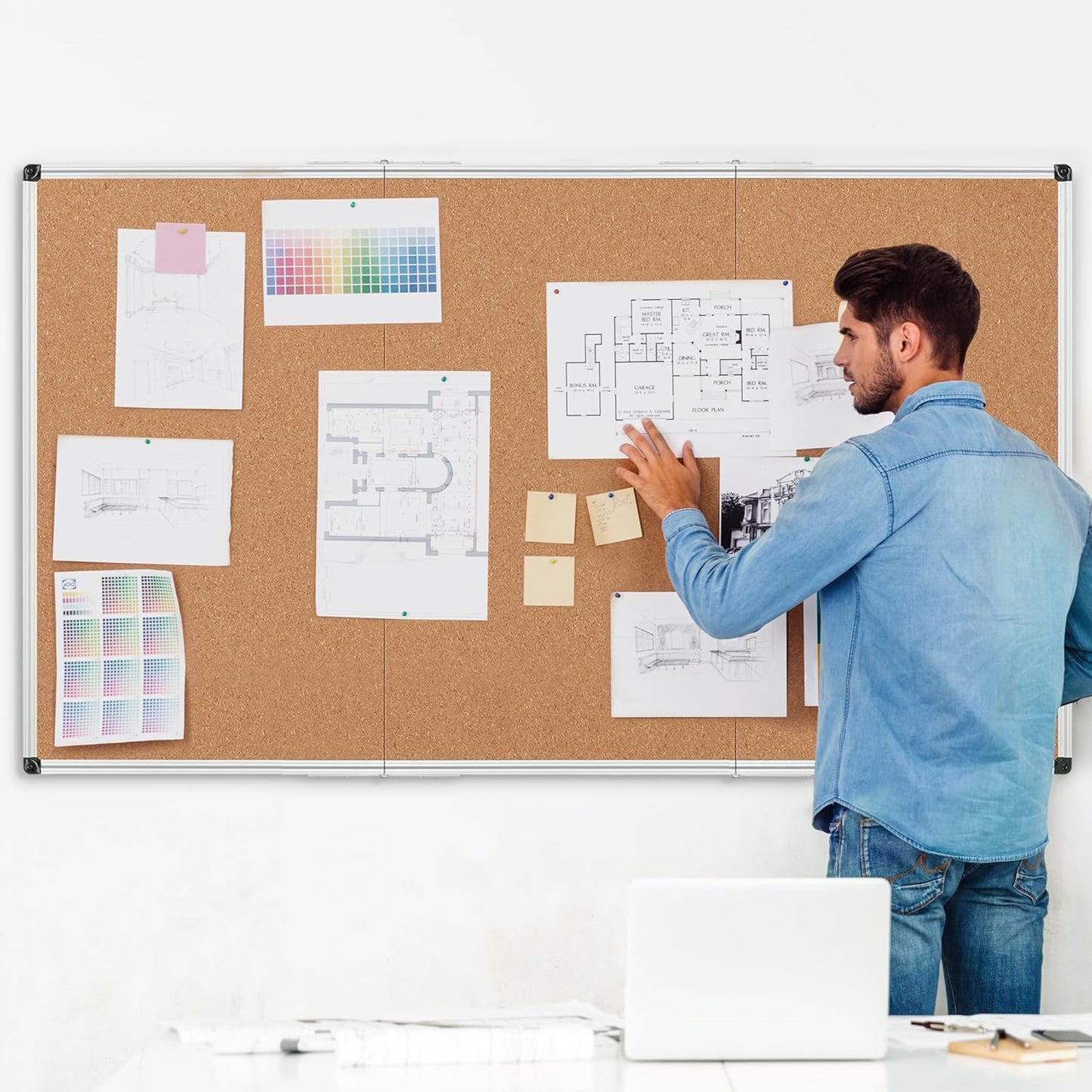 Board2by Extra Large Cork Bulletin Board 96" X 48", Foldable Notice Pin Board for Wall, Silver Aluminum Framed 8'x4' Corkboard, Wall Mounted Noticeboard with 36 Push Pins for School, Home & Office