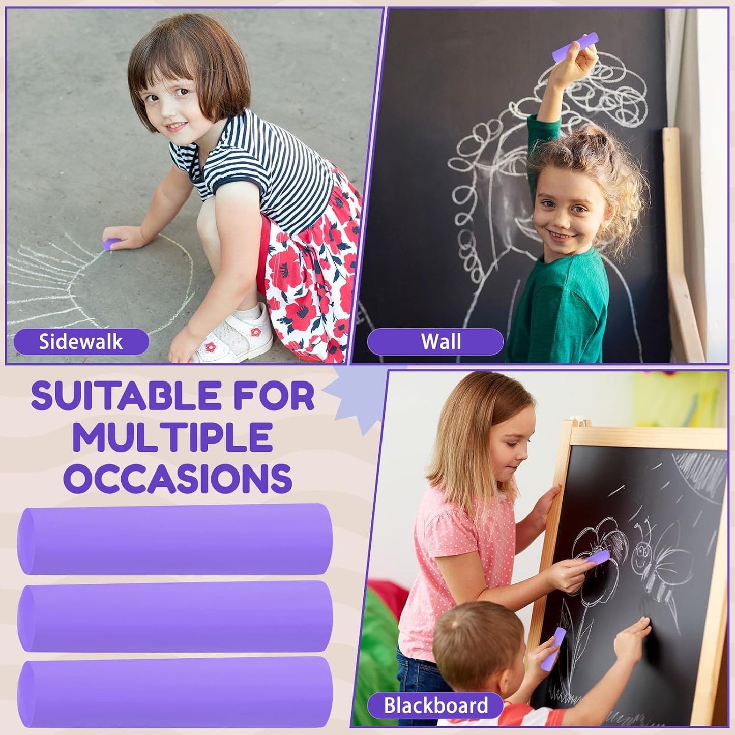 Fulmoon 40 Pcs Jumbo Sidewalk Chalk for Kids Outdoor Art Non Toxic Large Washable Street Chalk for Adults Drawing Painting Classroom(Purple,Round Style)