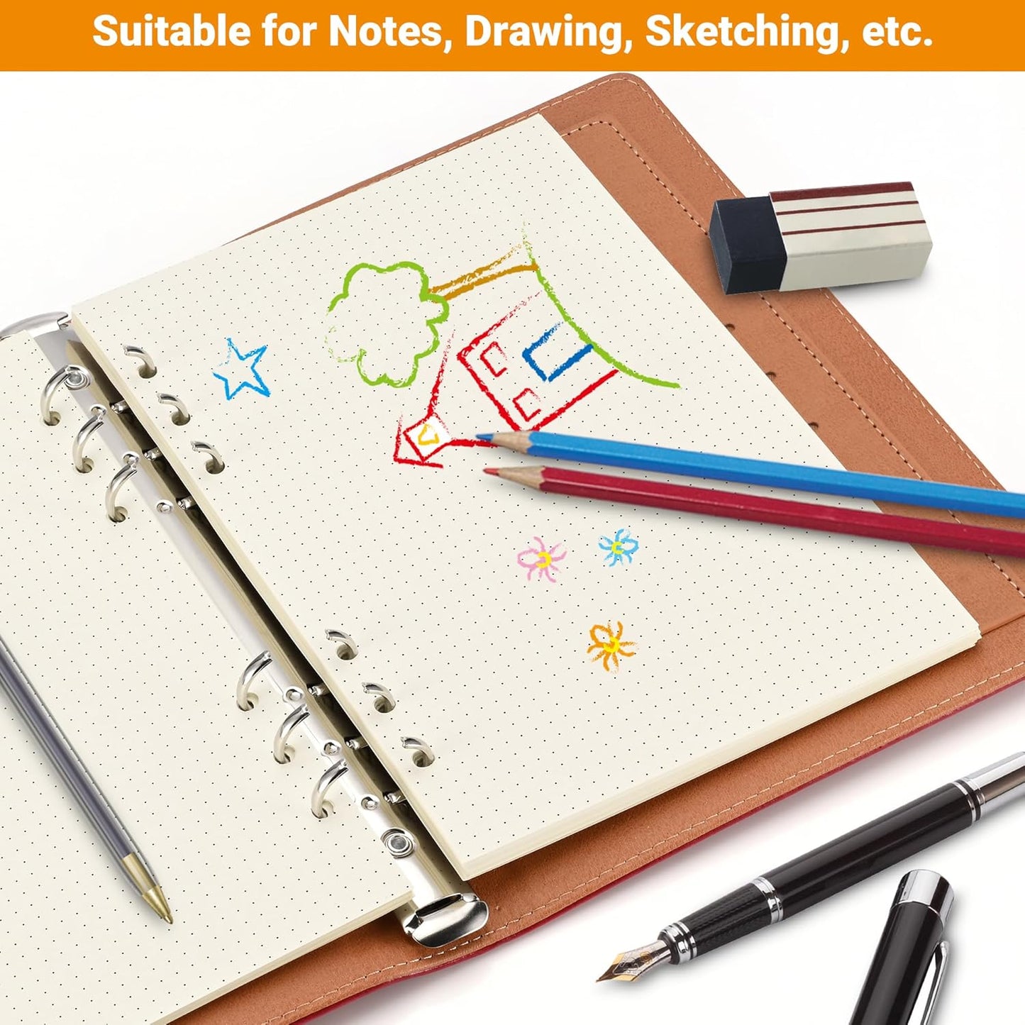 A5 Dot-Ruled Refill Paper, 100gsm Thick Beige No-Bleed Sheets (2 Packs, 80 Sheets Each), Pre-Punched – Fits A5 6-Ring Binders for Office, School & Teachers