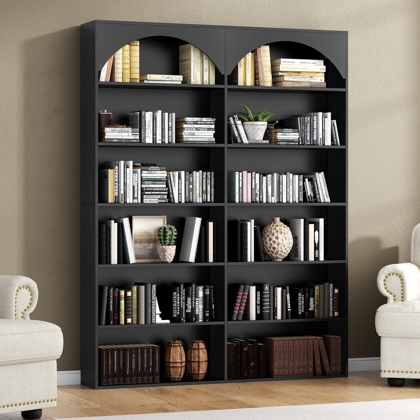 70.8’’ Tall Bookshelf and Bookcase of 2 pcs, 7-Tier Double Wide Bookcase Modern Large Open Display Shelves with Curved Baffle for Home Office Living Room (Black-2pcs)