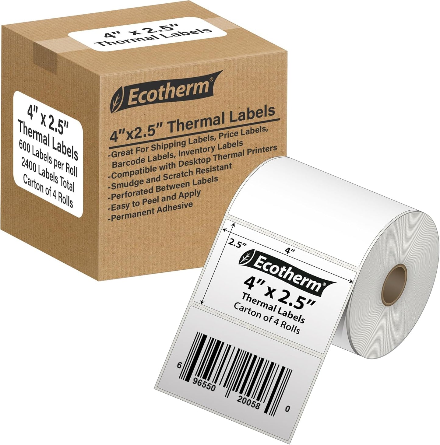 4" x 2.5" Thermal Labels | 4 Rolls | 2400 Labels | fits Zebra, Munbyn, Rollo, Godex, Arkscan, iDPRT, Offnova Thermal Label Printers and More | Blank White Adhesive Stickers by Ecotherm