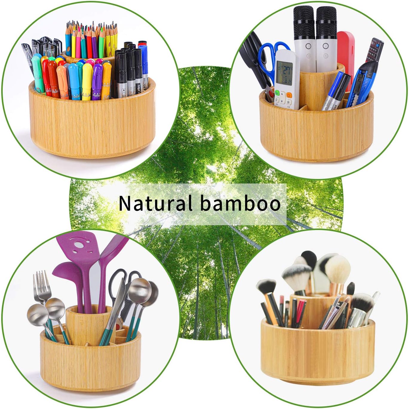 Utoplike Bamboo Rotating Art Supply Desk Organizer, Pencil Holder Organizer, Desktop Storage Caddy for Pen, Colored Pencil, Crayon, Paint Brushes, Art Studio&Office