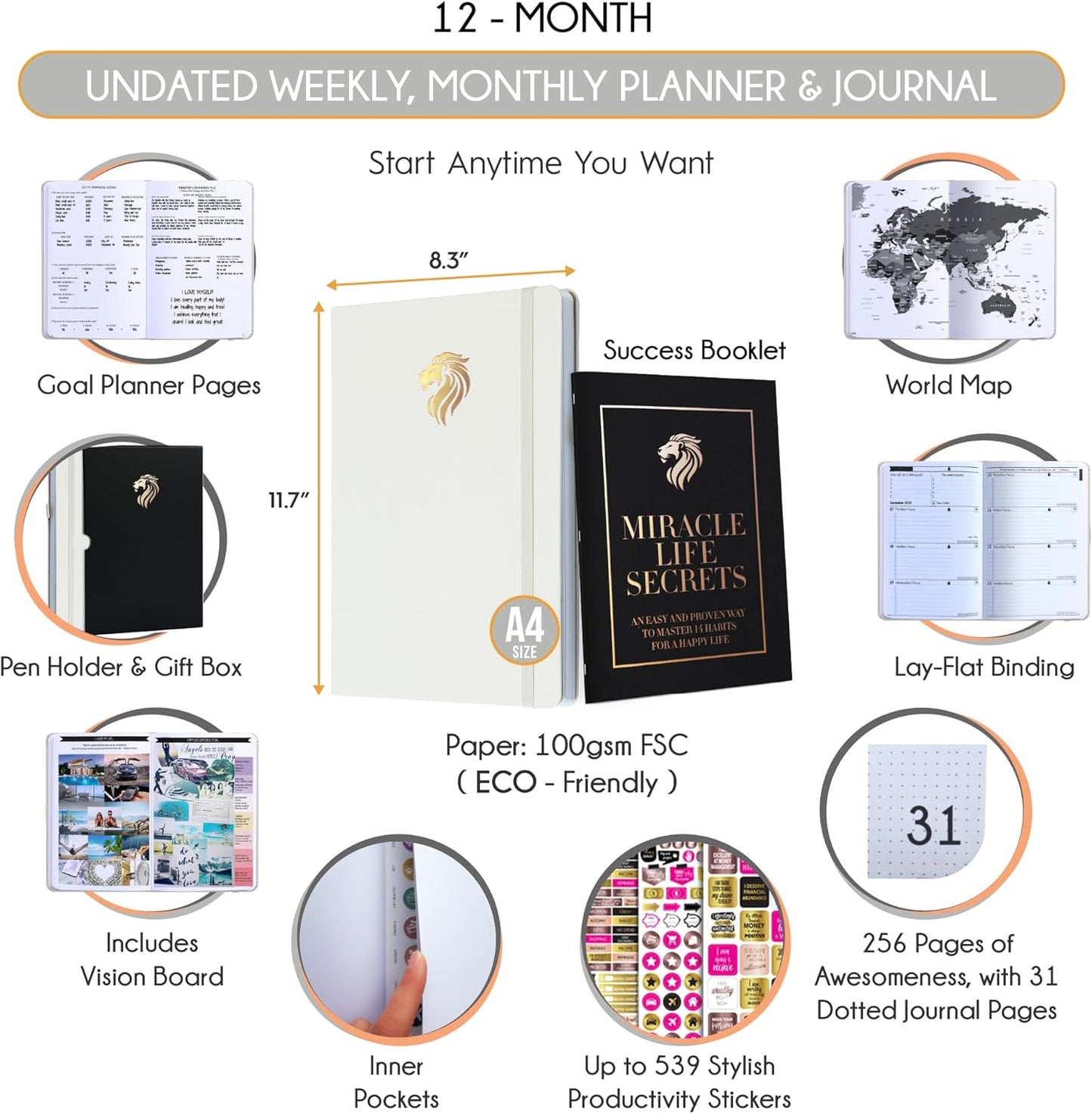 Life Planner - Undated Daily, Weekly & Monthly Planner with Budget Section | A 12 Month Journey to Increase Productivity & Happiness | Life Organizer & Gratitude Journal - Horizontal Format