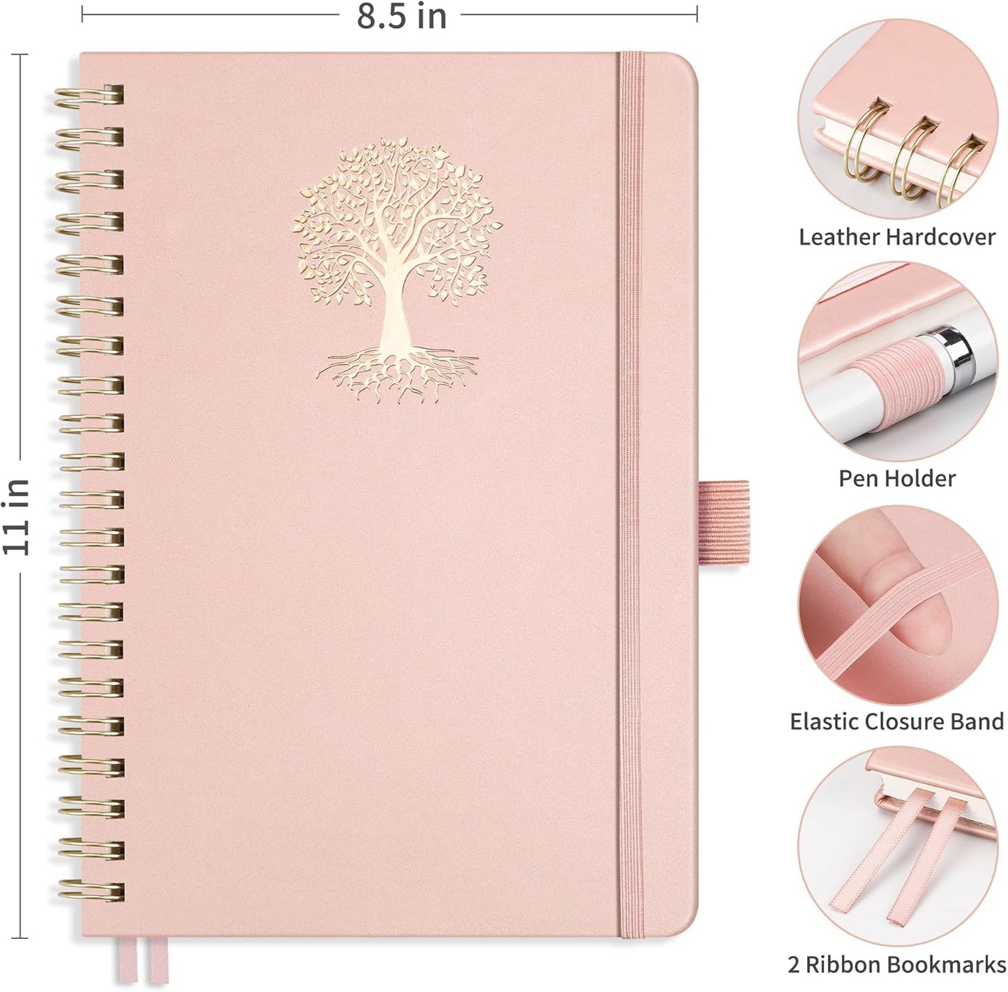 RETTACY Bullet Dotted Journal Notebook, 110 Pages, A4 Large Size (8.5" × 11"), Leather Hardcover, 100 GSM Thick Paper, Spiral-bound, for Bullet Journaling, Planning, Tracking (Rose Gold)