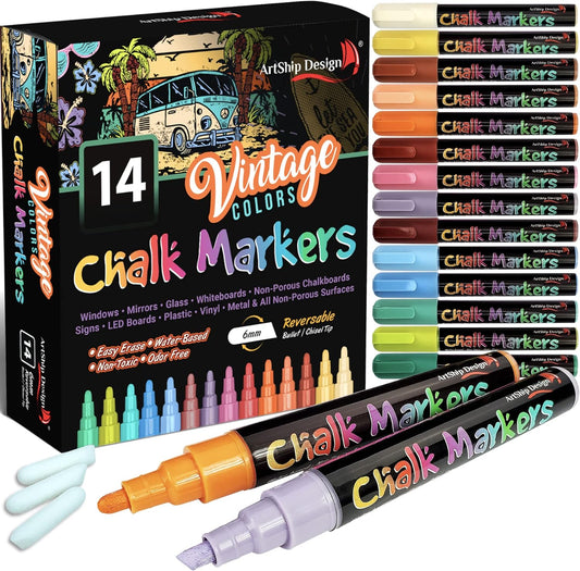 ArtShip Design 14 Vintage Colors Chalk Markers - Reversible Medium Tip Liquid Chalk Pens Wet Erasable - Menu Boards, Glass, Windows, Whiteboards, Classrooms, Mirrors, Chalkboards, Plastic, Metal