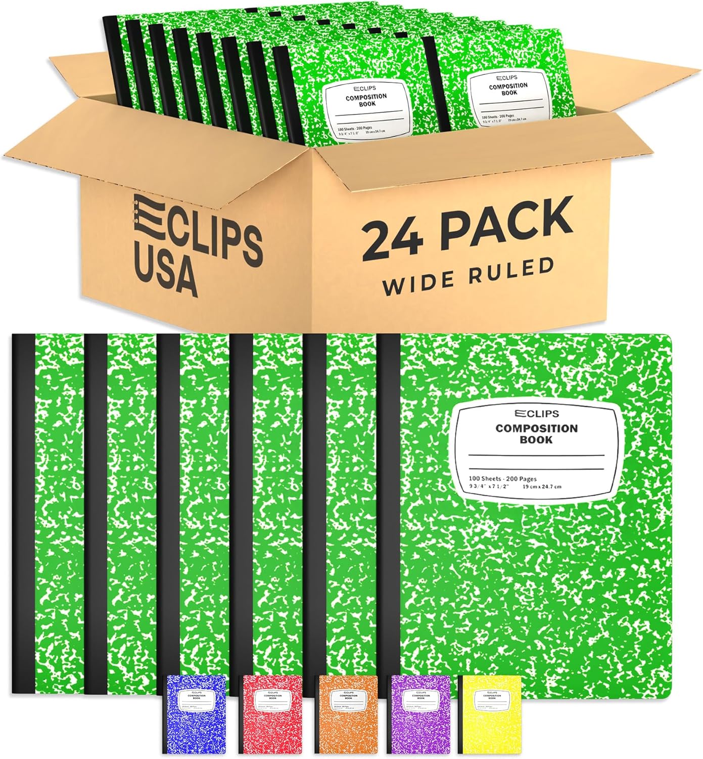 E-CLIPS USA Composition Notebooks, (48 Pack), Wide Ruled Composition Notebook, Marble Composition Notebook, 100 sheets, 200 Pages (48, Green)