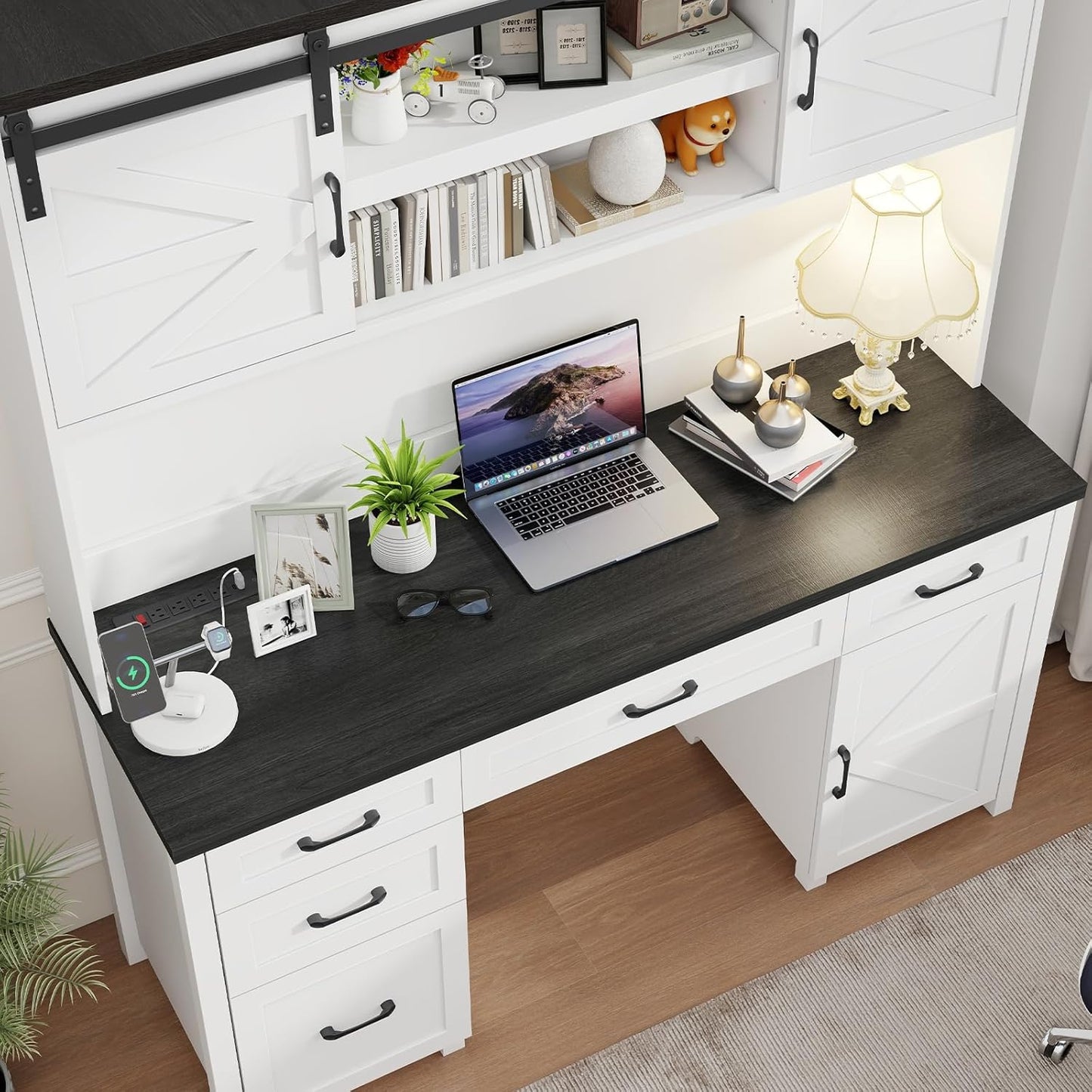 Farmhouse 67" H Executive Desk with Hutch,Office Table with 5 Drawers, Computer Desk with Storage Cabinet & File Drawers and Charging Station, Wood Workstation for Home Office and Study.(Black)