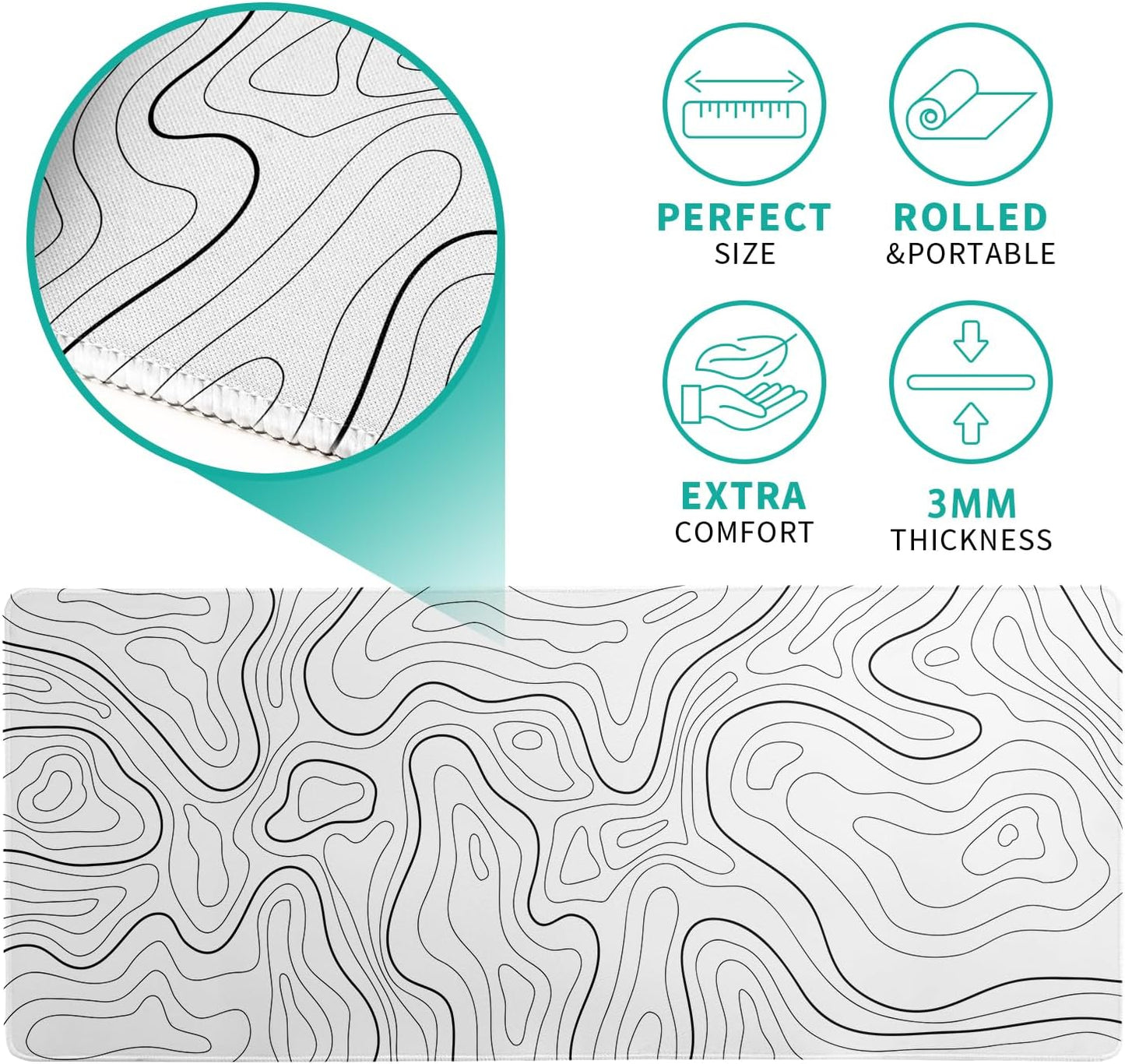 Gaming Mouse Pad Topographic Large Mousepad Keyboard 31.5 x 11.8in for Non-Slip Base and Stitched Edge, Extended Desk Pad XL Desk Mat (White)