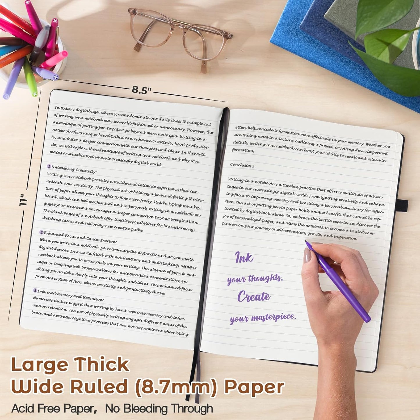 Lined Journal Notebook, 8.5" x 11" Hardcover Leather Notebook for Work, Wide Ruled Notebook Journal for Women Men, 192 Thick Paper, Lay Flat, 2 Pockets, A4 Large Journals for Writing, Brown Notebook