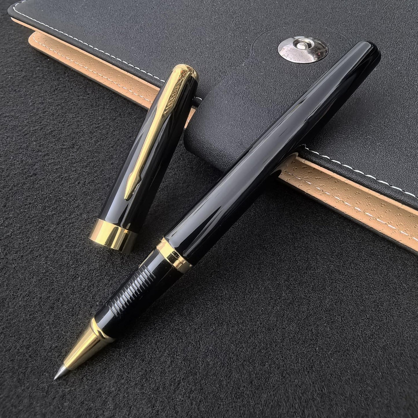 HSK Ballpoint Pens Executive Fountain Pen with Gold Trim, Gift Box Set, Available in Black, Red, Navy Blue,Black Refill Line width 0.5mm (Black)