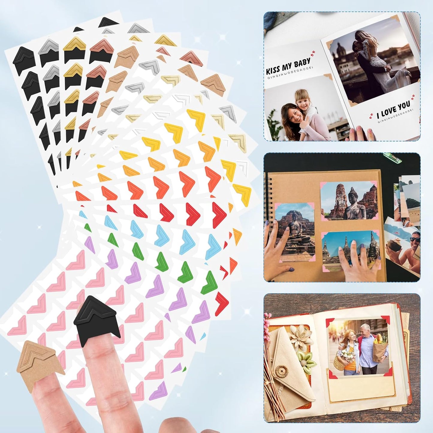 15 Sheets 360 PCS Gold-Black-Cowhide Acid-Free Photo Corners Notebook, Self-Adhesive Photo Corners for DIY Photo Album Journal, Photo Corner Stickers for Trip Journal Memory Book