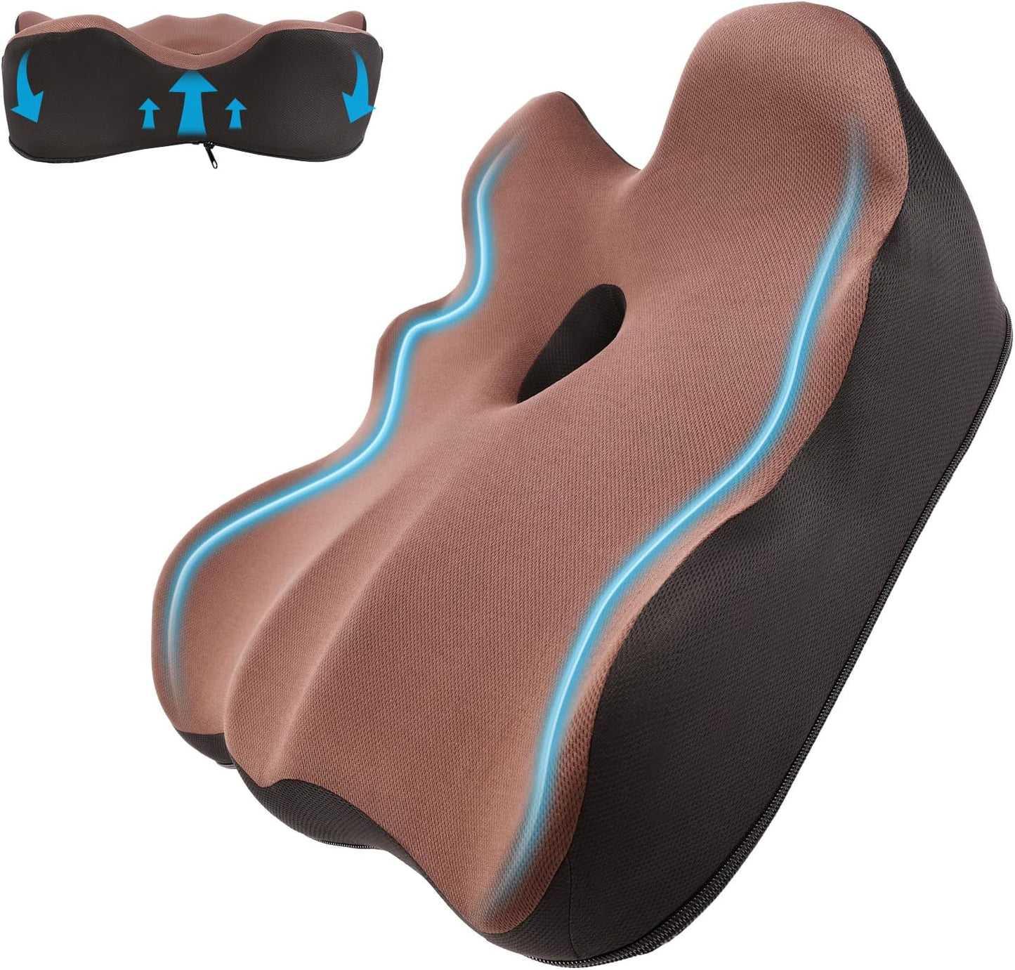 Seat Cushion, X-Large Memory Foam Office Chair Cushion, for Pressure Relief Sciatica & Pain Relief for Long Sitting Hours on Office/Home Chair, Car (Brown)