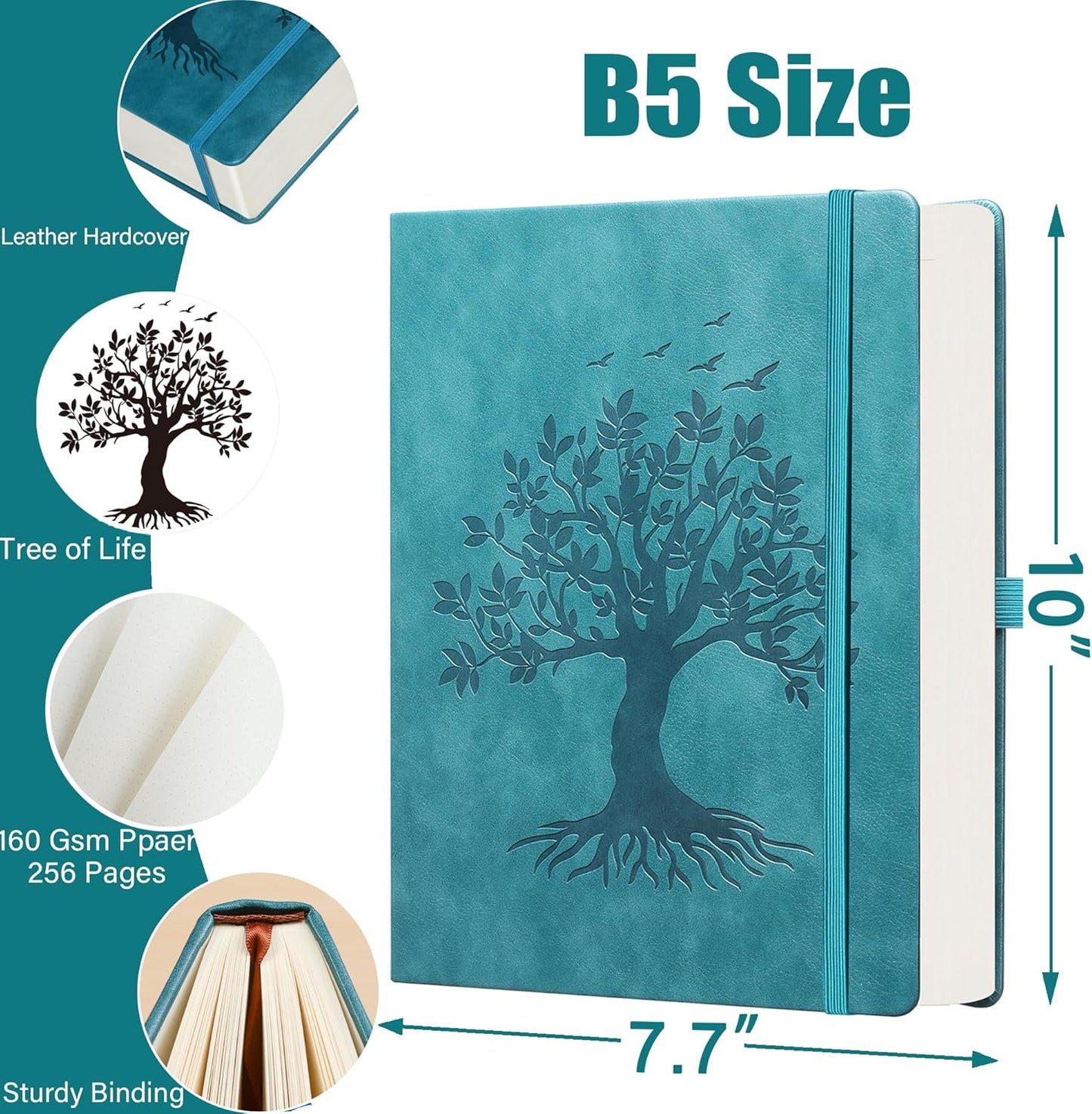 ZXHQ B5 Bullet Dotted Journal Notebook:150gsm Thick Paper, 256 Pages, Dot Grid Hardcover, Tree of Life Design, Fine Inner Pocket - 7.7" × 10" SeaGreen